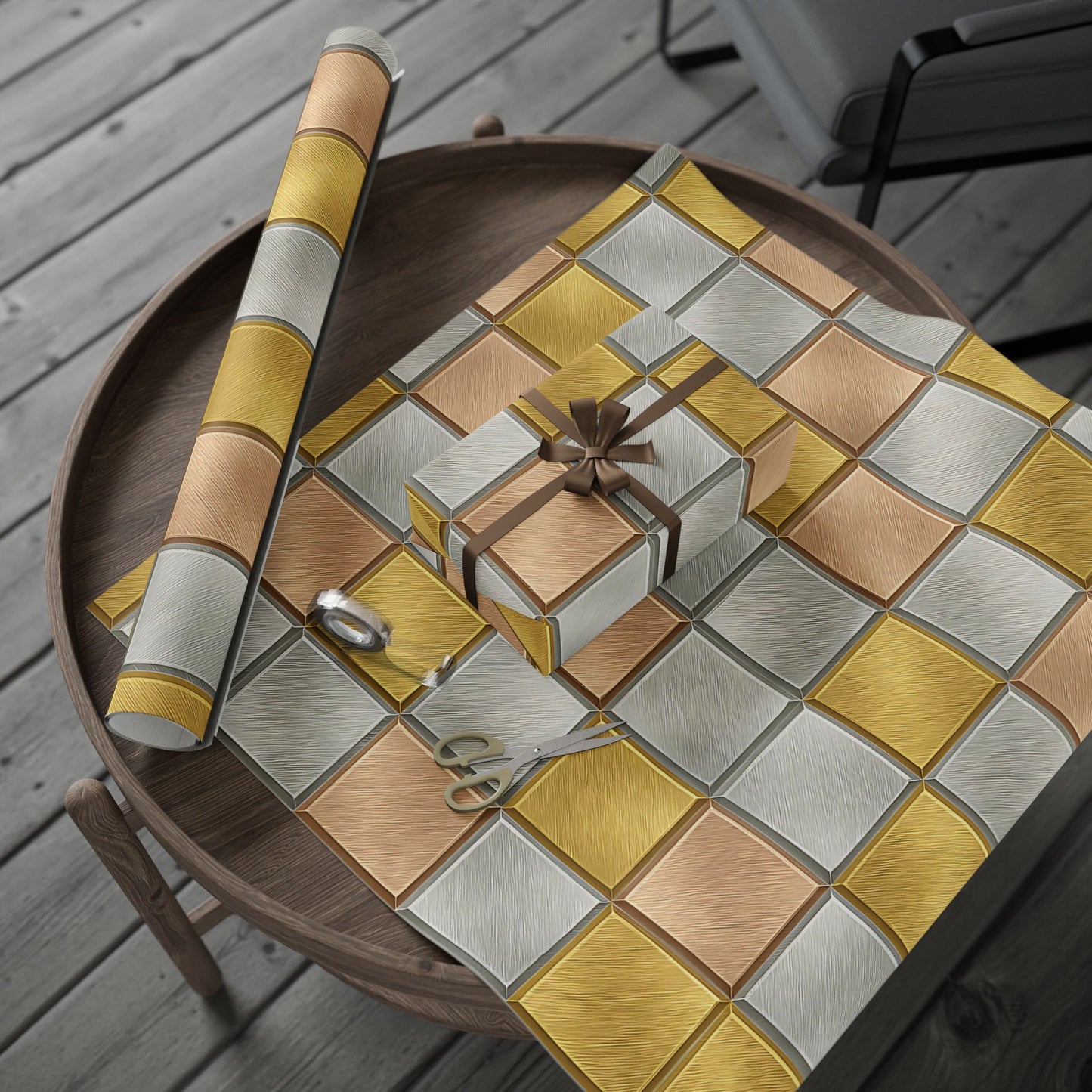 Geometric Metallic Tile Wrapping Paper – Modern Luxury Gift Wrap in Glossy or Matte Finish