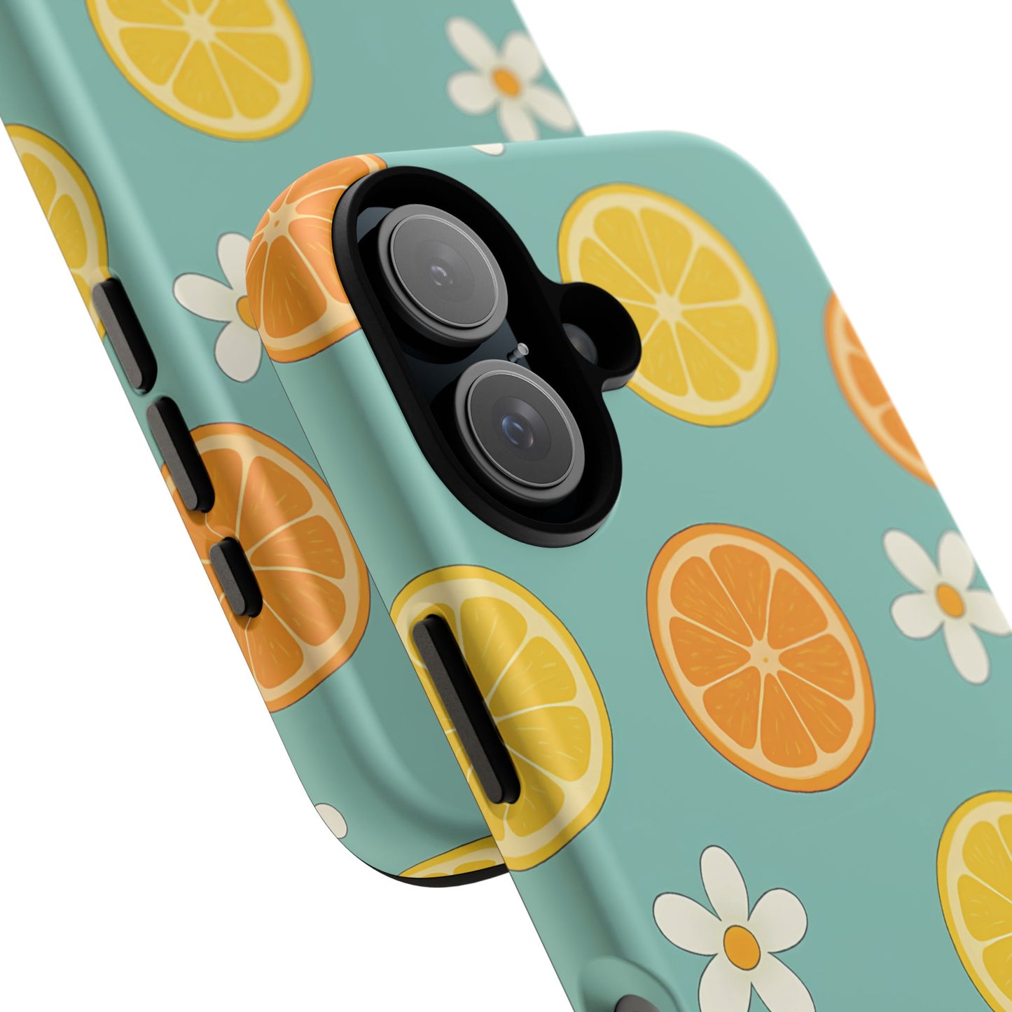 Citrus Bloom Phone Case – Orange, Lemon & Daisy Pattern on Teal