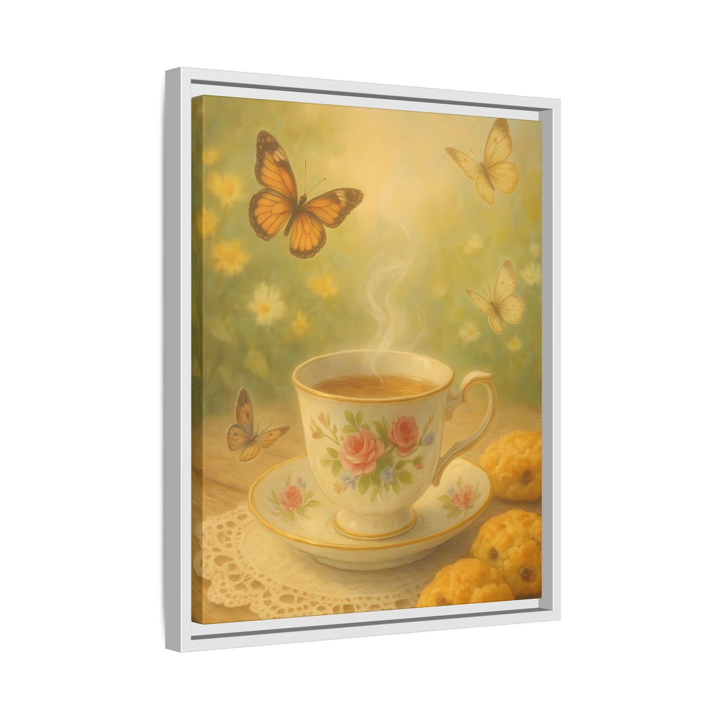 Tea & Butterflies – Framed Matte Canvas of Vintage Teacup and Garden Scene