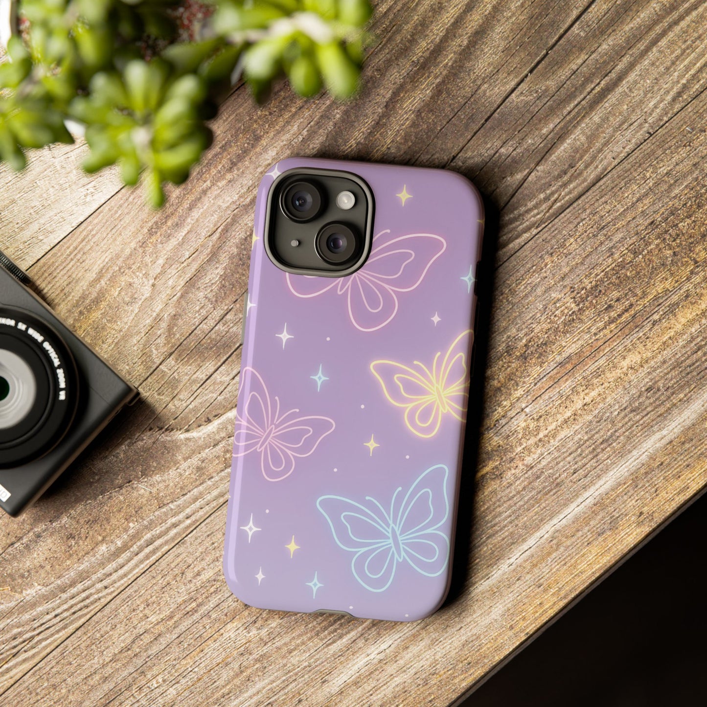 Pastel Butterfly Dream Phone Case – Purple Neon Glow with Stars
