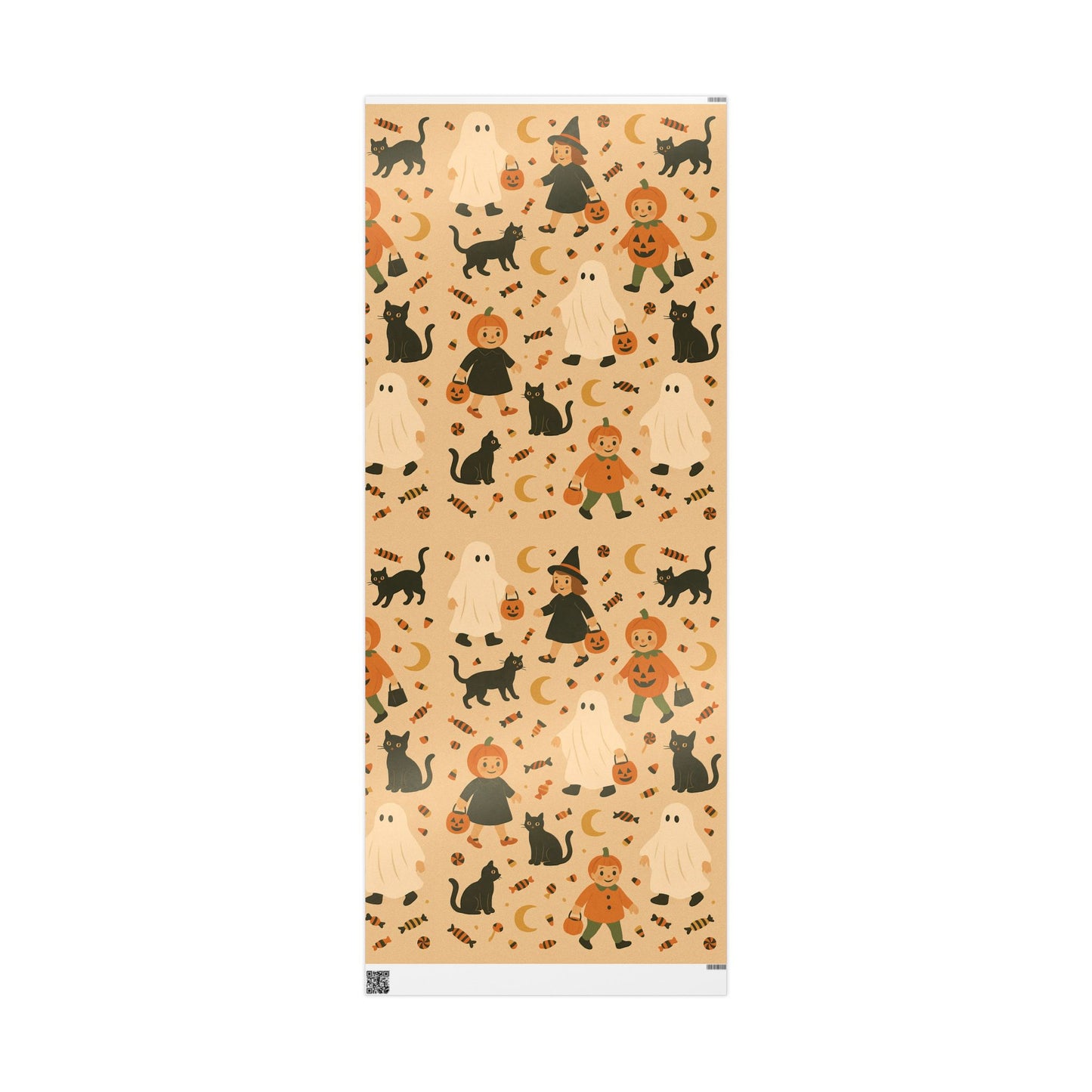 Vintage Halloween Wrapping Paper – Cute Ghosts, Witches, and Black Cats on Parchment Background