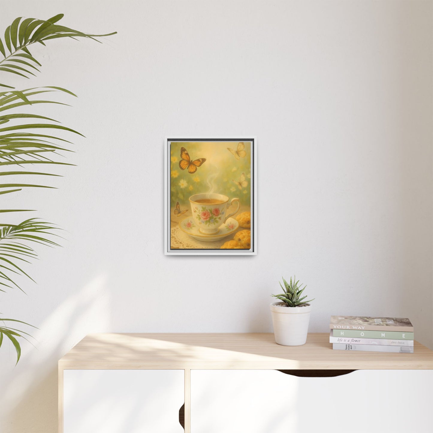 Tea & Butterflies – Framed Matte Canvas of Vintage Teacup and Garden Scene