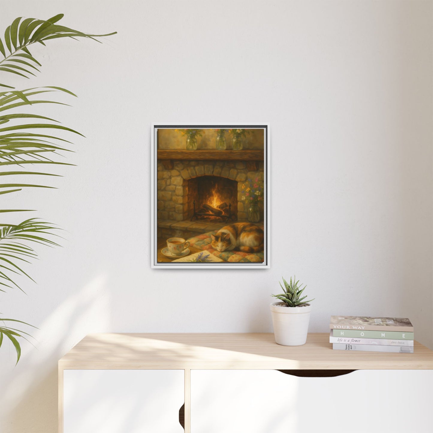 Hearthside Comfort – Framed Matte Canvas with Cat, Fireplace & Tea