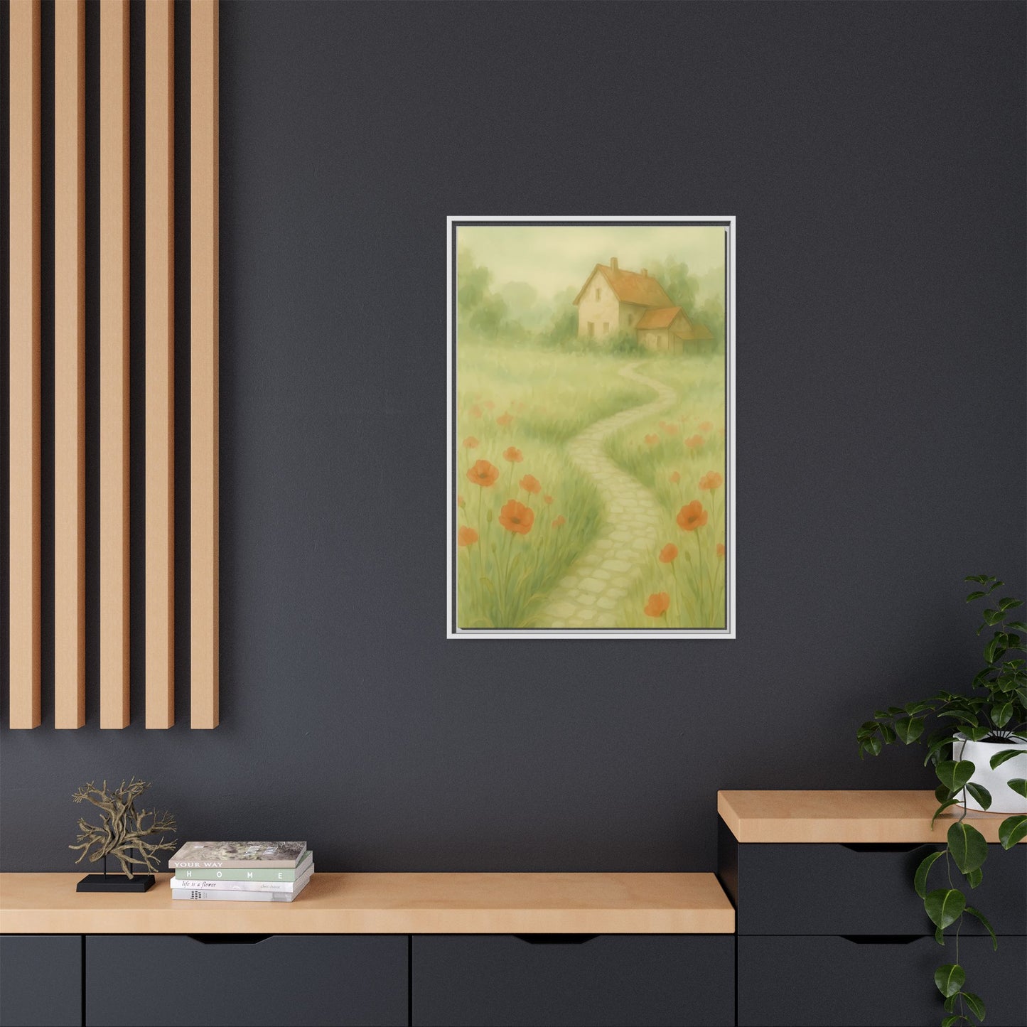 Poppy Path to Home – Framed Matte Canvas of Cottage & Flower Field Landscape