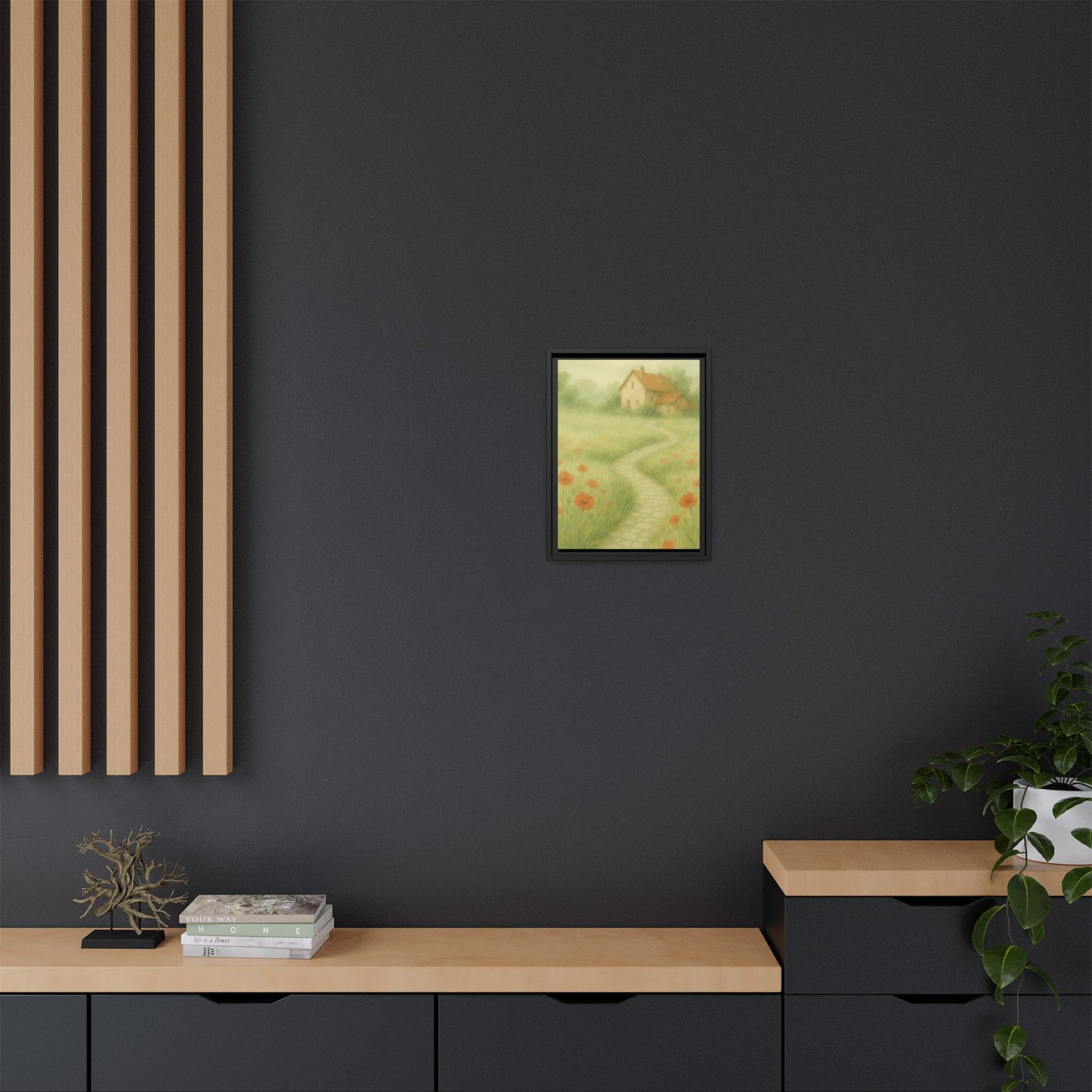 Poppy Path to Home – Framed Matte Canvas of Cottage & Flower Field Landscape