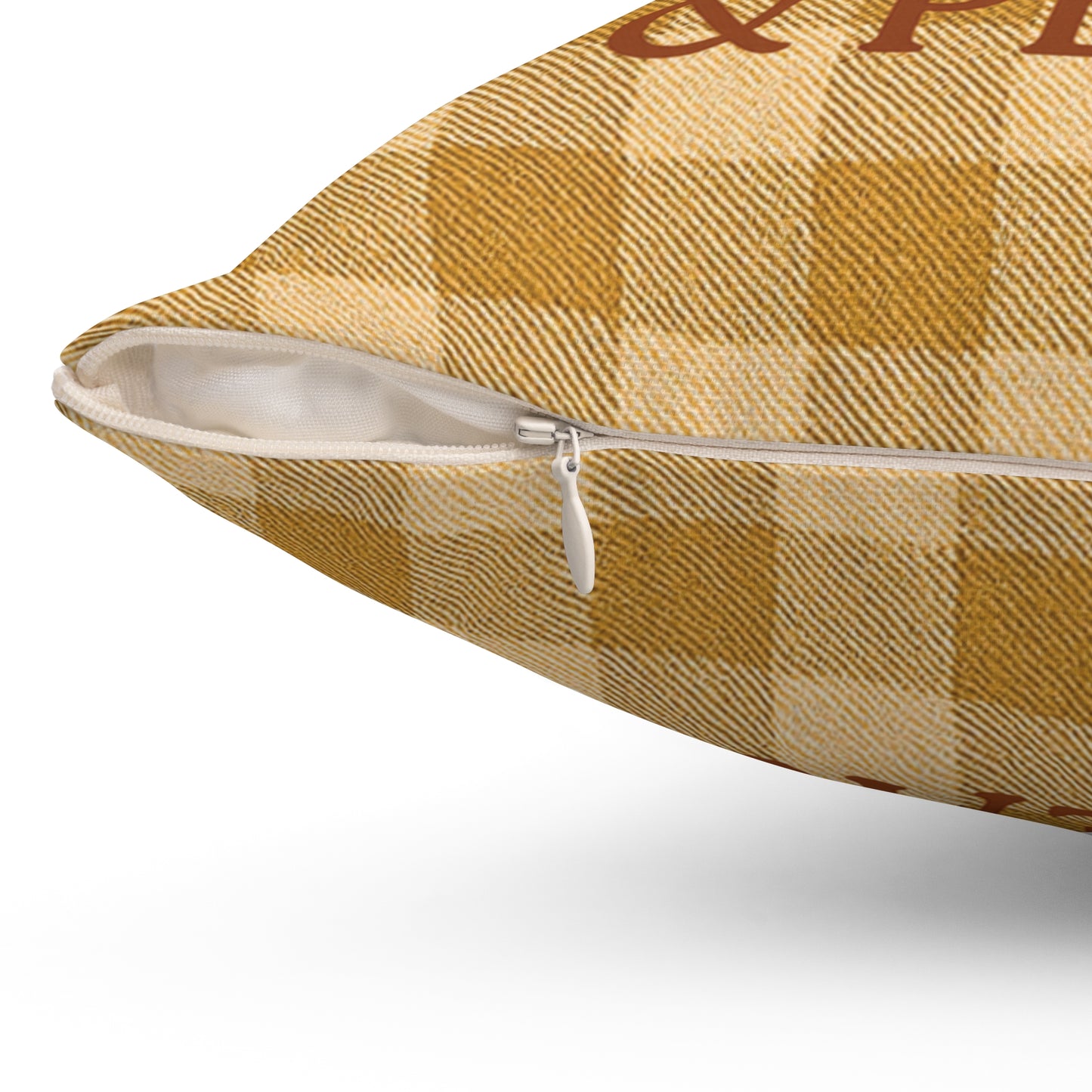 Positivity, Pumpkins & Peace Fall Throw Pillow – Cozy Autumn Plaid Cushion with Pumpkins