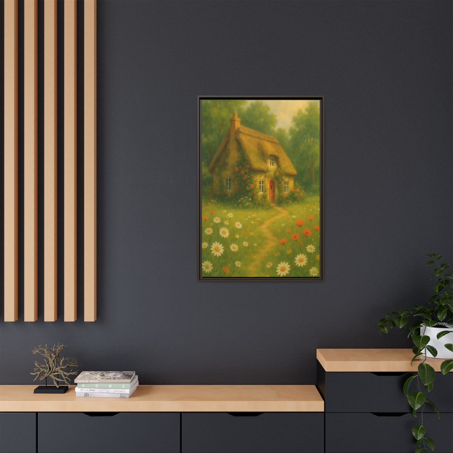 Cottage in Bloom – Framed Matte Canvas Art of Thatched Cottage & Wildflowers