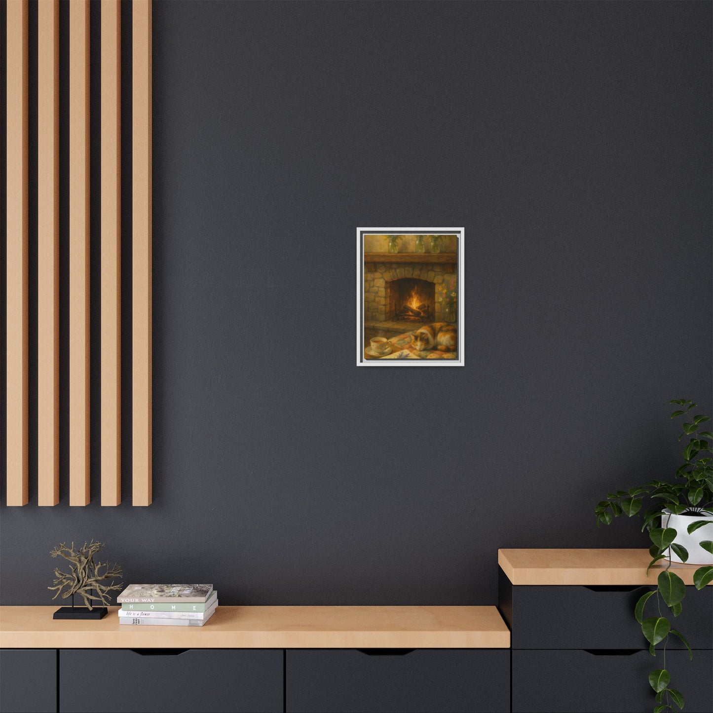 Hearthside Comfort – Framed Matte Canvas with Cat, Fireplace & Tea