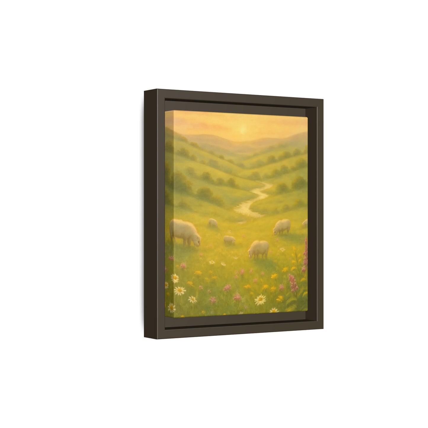 Golden Meadow Sunrise – Framed Matte Canvas Pastoral Landscape Art