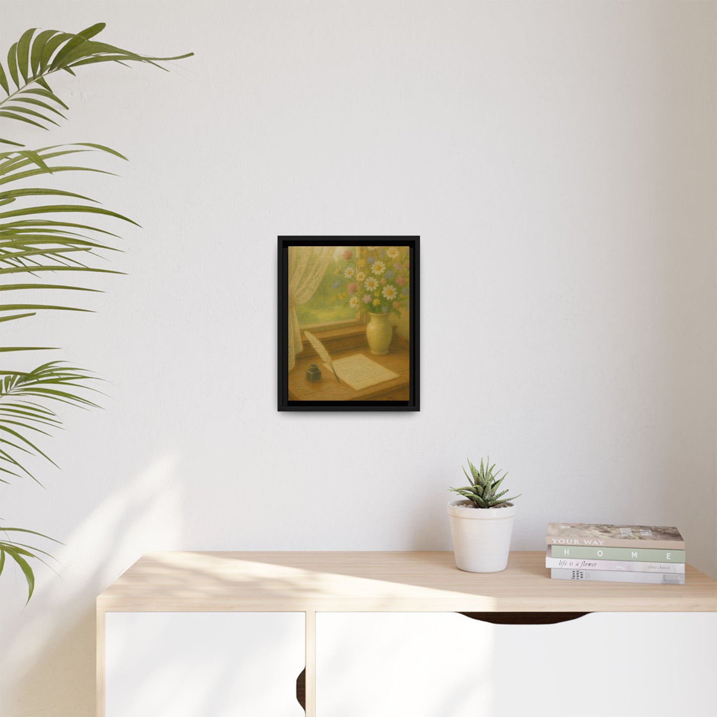 Sunlit Writing Desk – Framed Matte Canvas Art of Quill, Flowers & Lace Window
