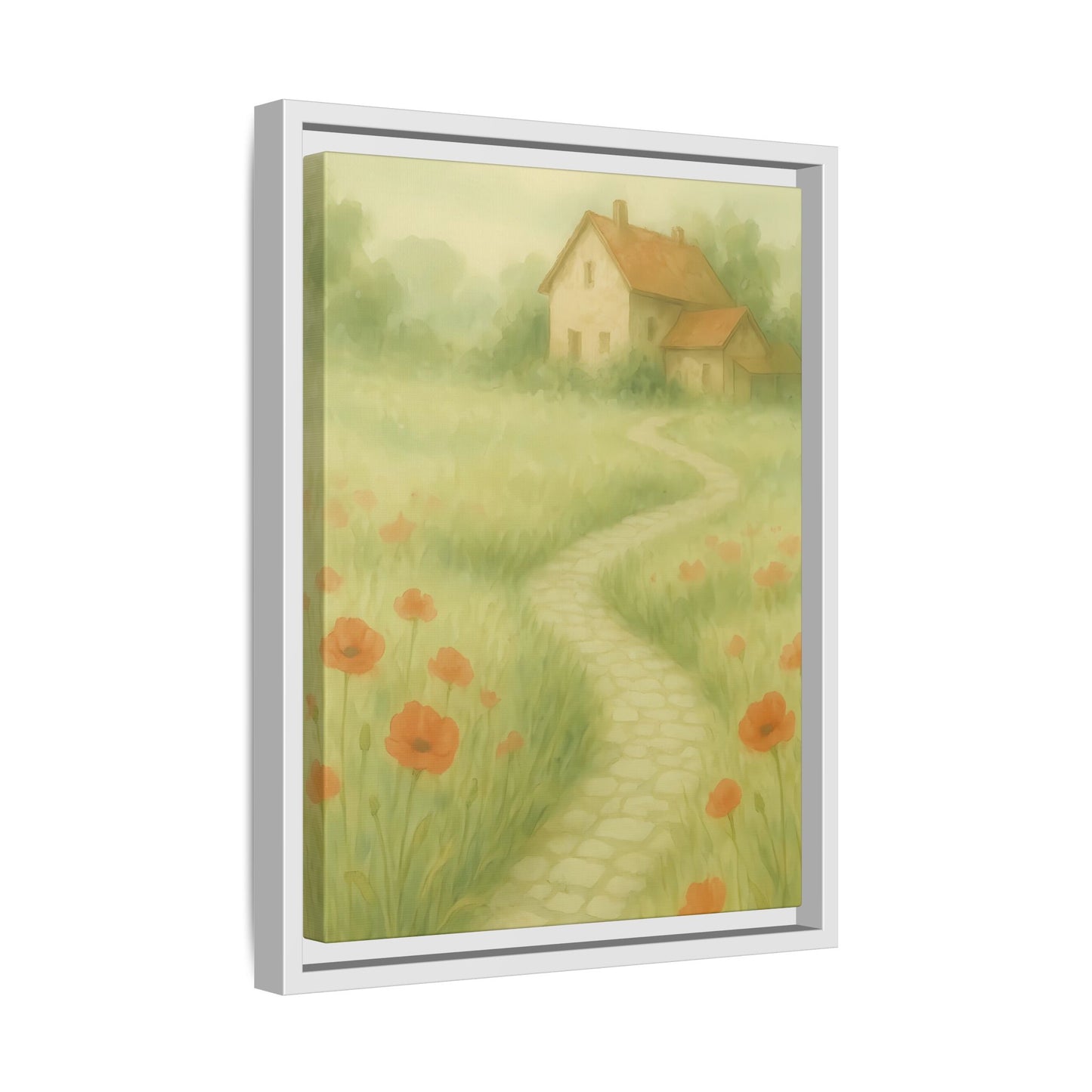 Poppy Path to Home – Framed Matte Canvas of Cottage & Flower Field Landscape