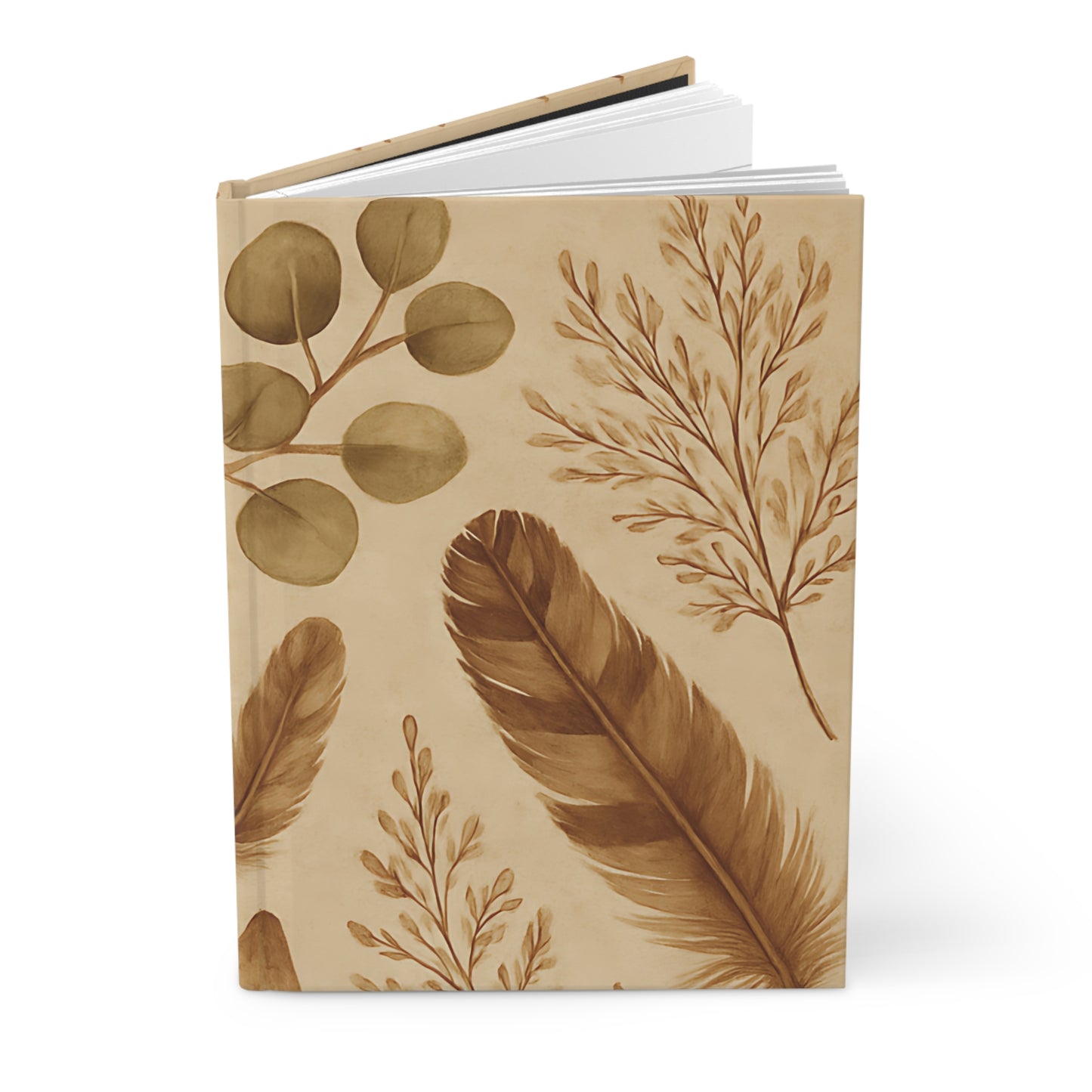 Earthy Feather & Leaf Botanical Hardcover Journal – Rustic Nature-Inspired Lined Notebook