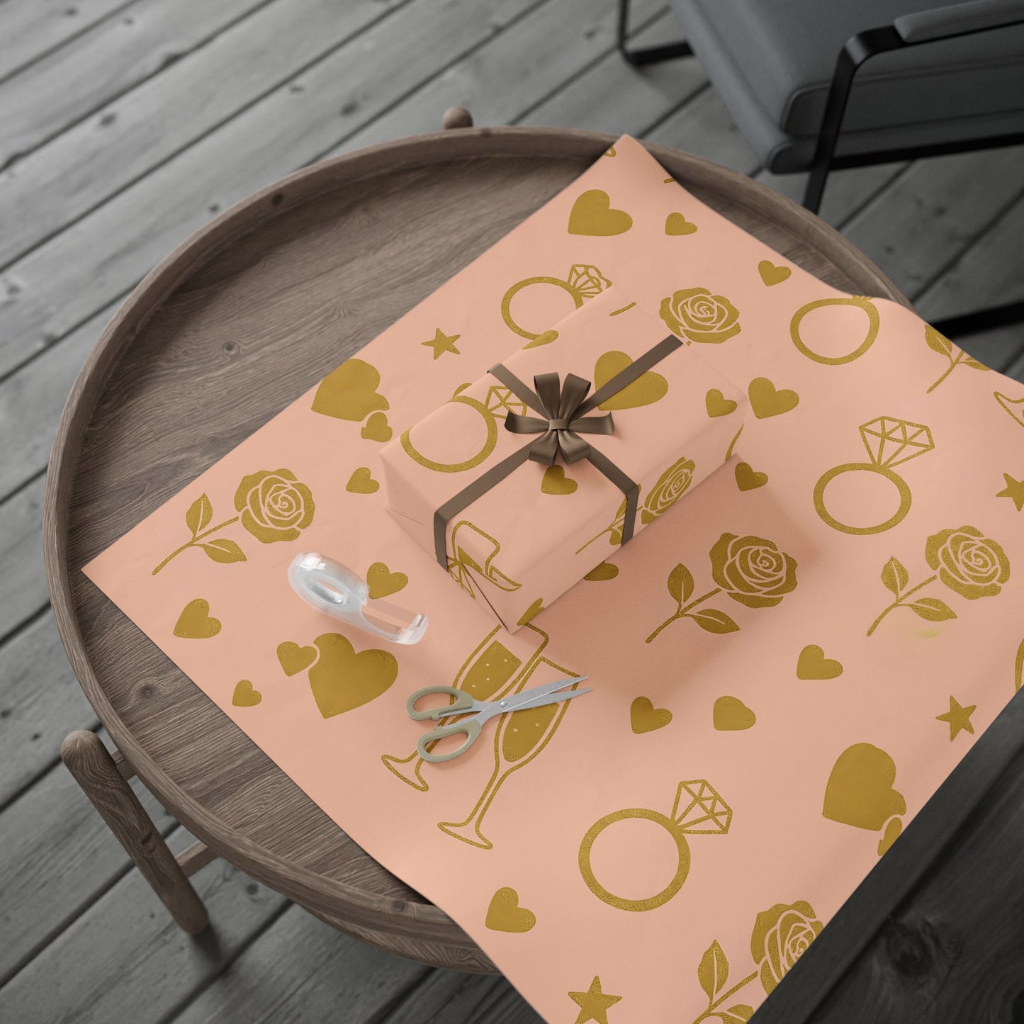 Romantic Celebration Wrapping Paper – Rings, Roses & Champagne on Blush Pink