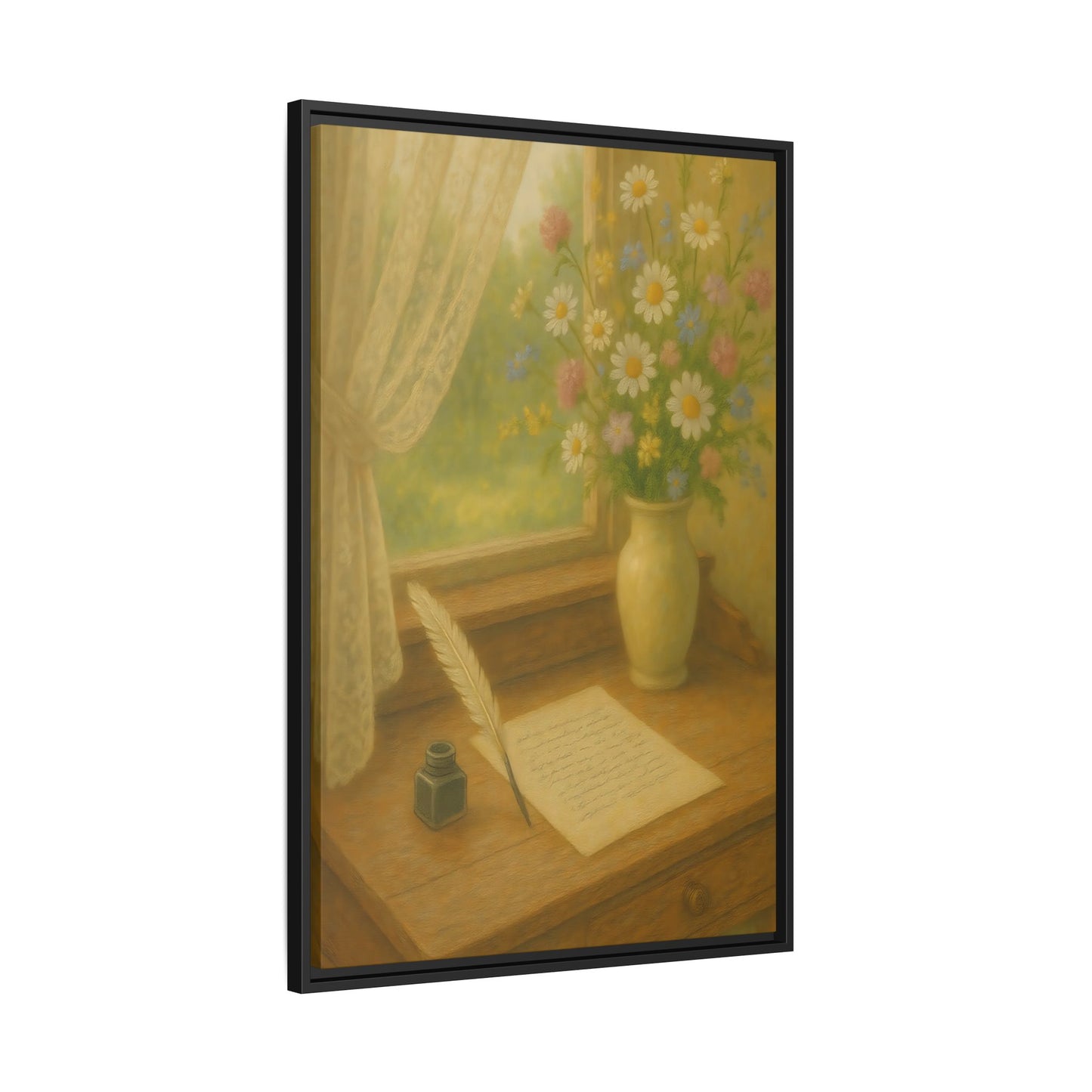 Sunlit Writing Desk – Framed Matte Canvas Art of Quill, Flowers & Lace Window