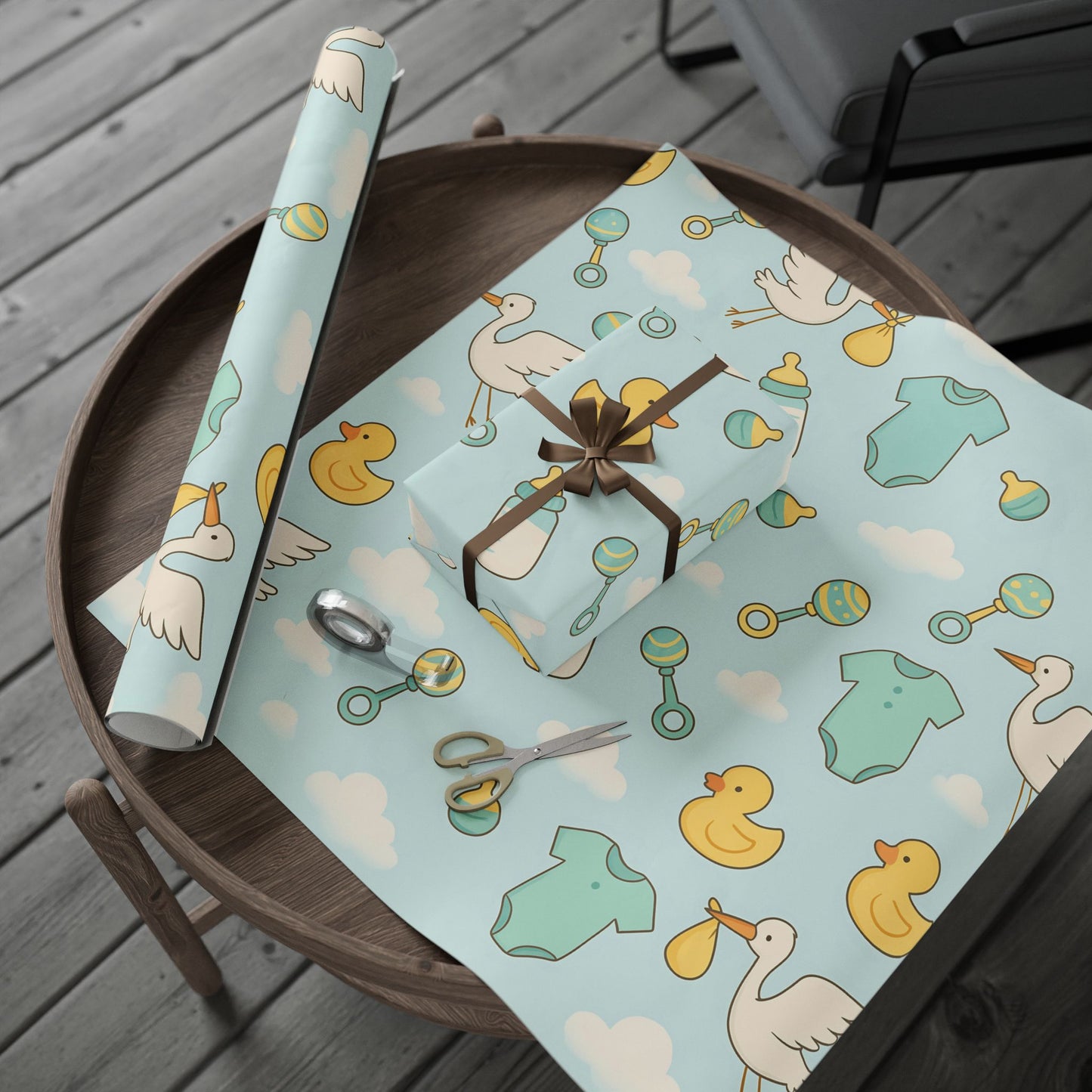 Baby Shower Wrapping Paper – Storks, Ducks & Baby Essentials on Sky Blue