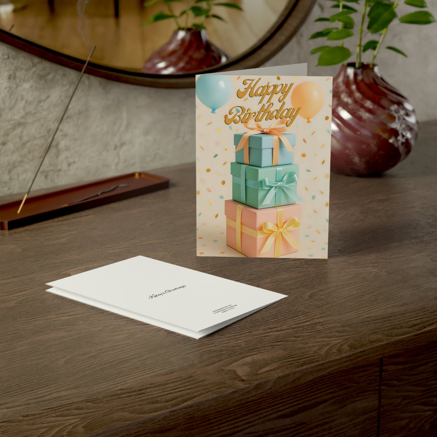 Blank Inside Happy Birthday Card with Pastel Gift Stack, Balloons & Confetti