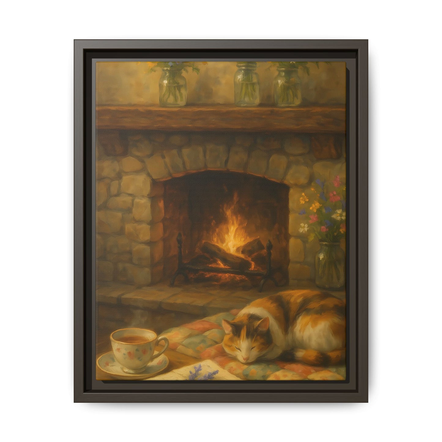 Hearthside Comfort – Framed Matte Canvas with Cat, Fireplace & Tea
