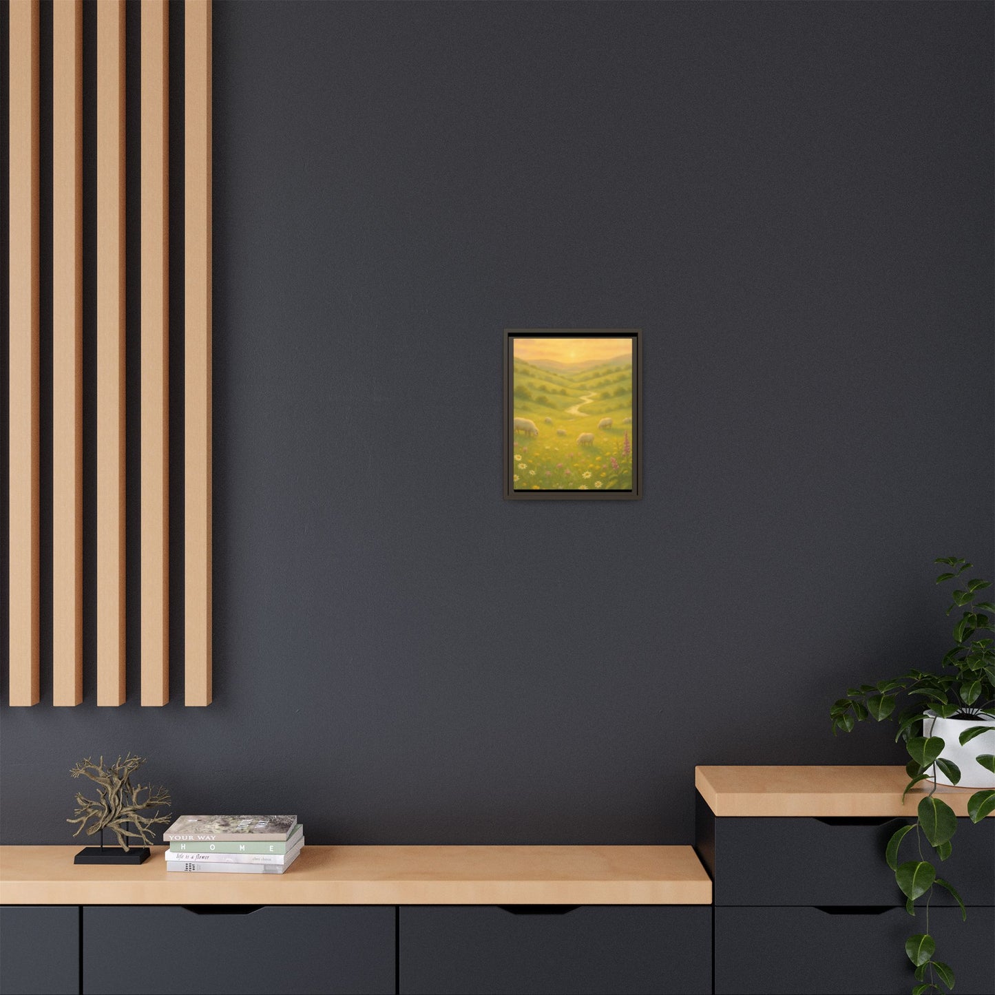 Golden Meadow Sunrise – Framed Matte Canvas Pastoral Landscape Art