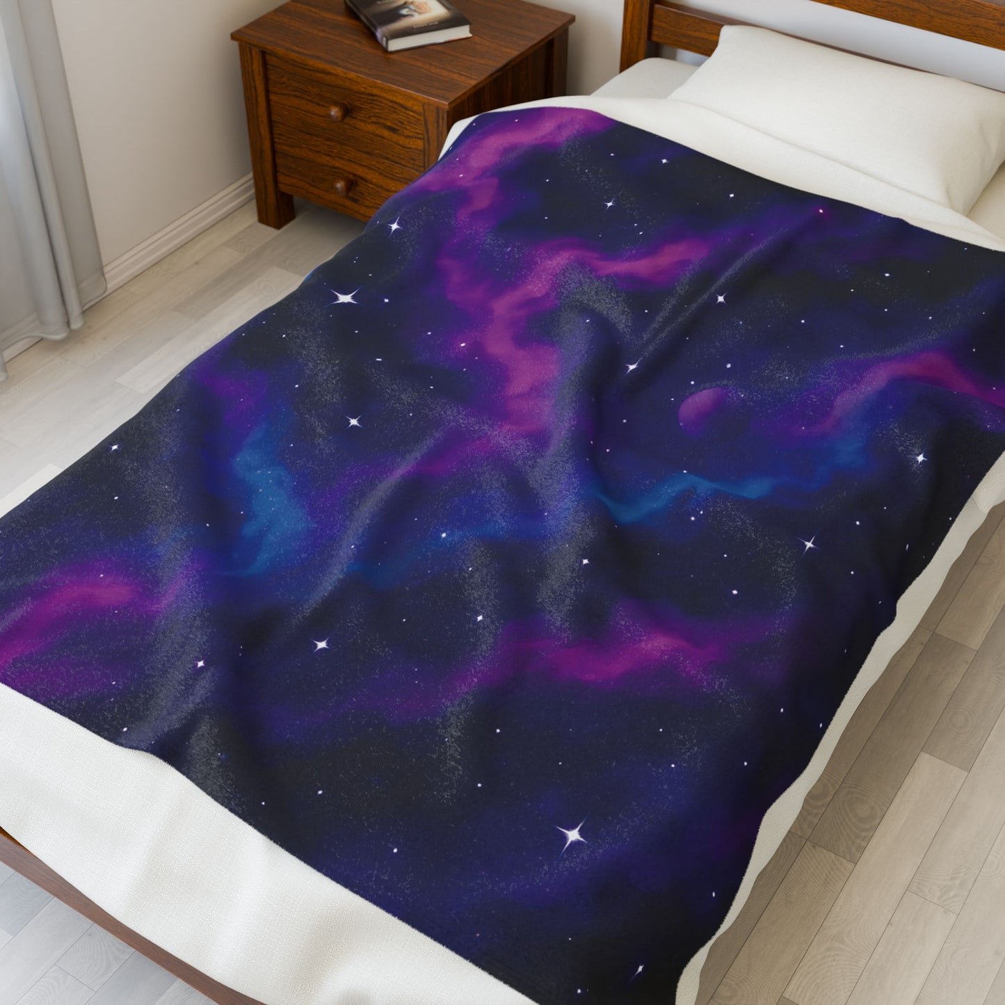 Velveteen Galaxy Plush Blanket – Cosmic Nebula Print in Purple & Blue (Adult Size)