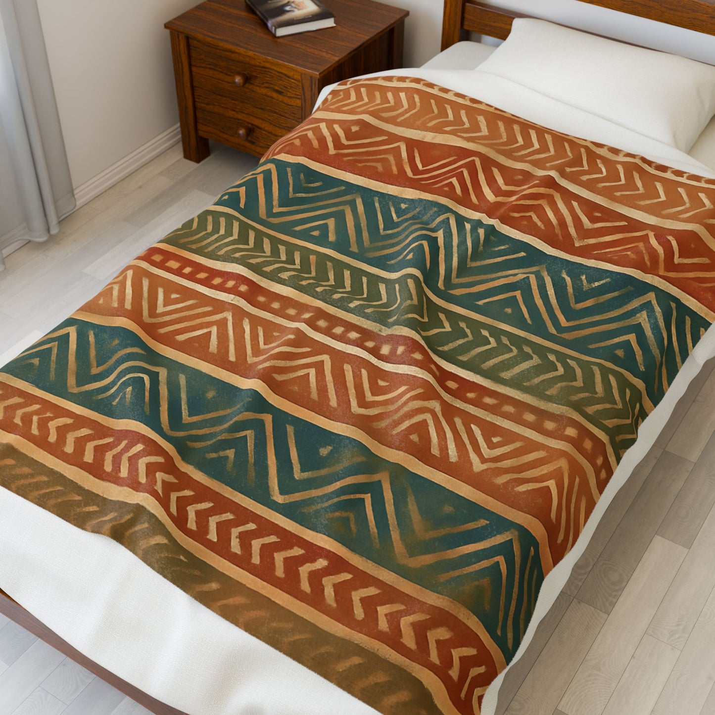 Tribal Aztec Velveteen Plush Blanket - Soft Boho Throw with Earth Tones and a Vibrant Geometric Print