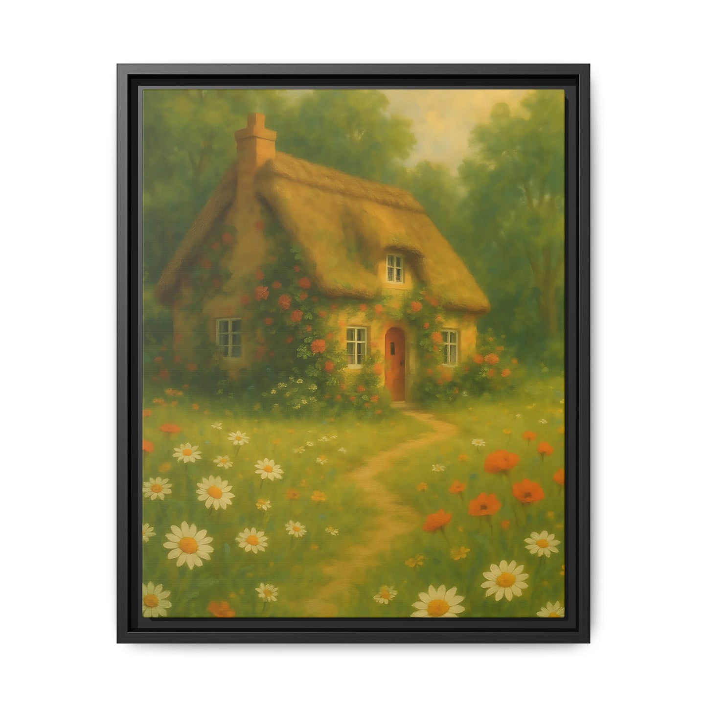 Cottage in Bloom – Framed Matte Canvas Art of Thatched Cottage & Wildflowers