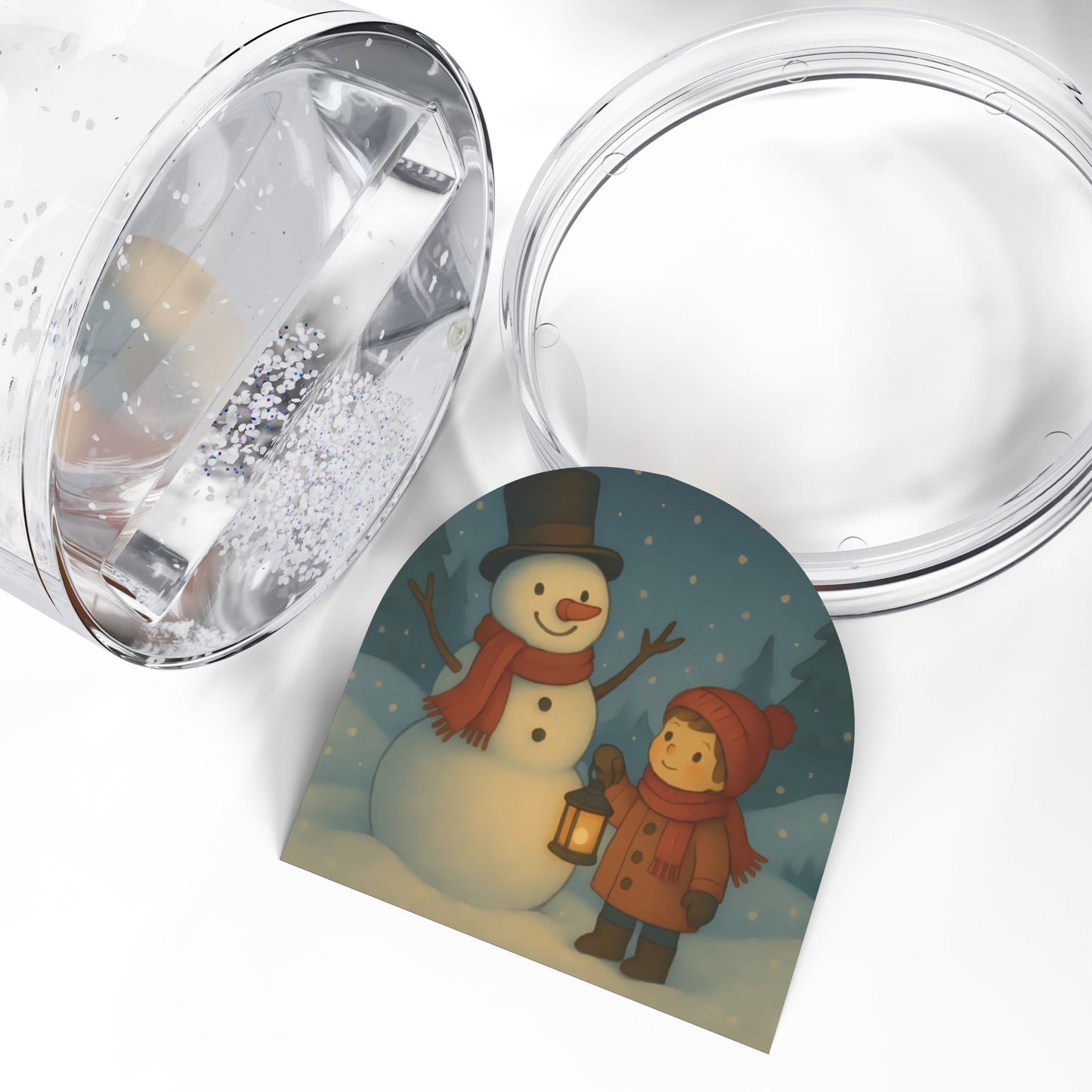 Snowman & Child Lantern Snow Globe – Whimsical Winter Scene with Two-Sided Print