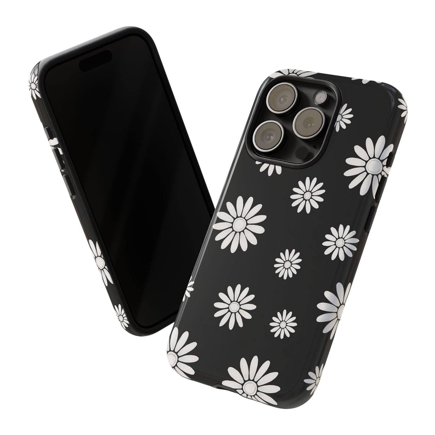 Retro Black & White Daisy Phone Case – Bold Floral Pattern with 3D Wrap Design