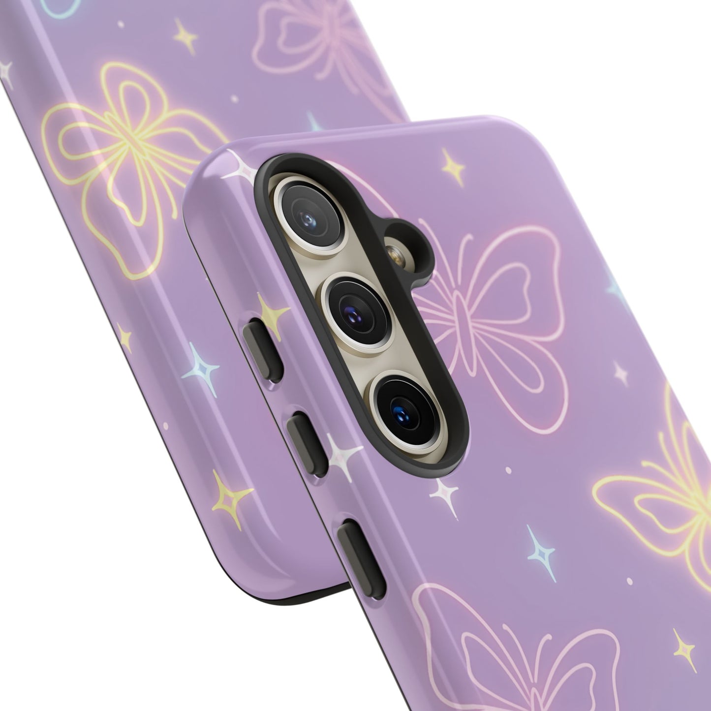 Pastel Butterfly Dream Phone Case – Purple Neon Glow with Stars