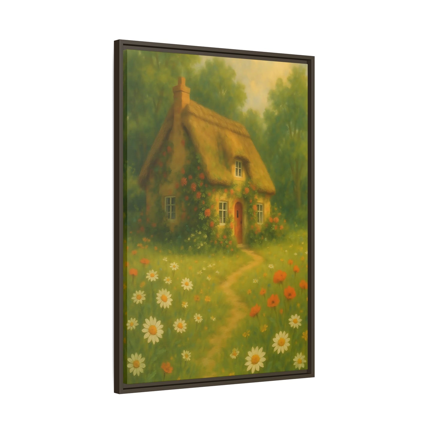 Cottage in Bloom – Framed Matte Canvas Art of Thatched Cottage & Wildflowers