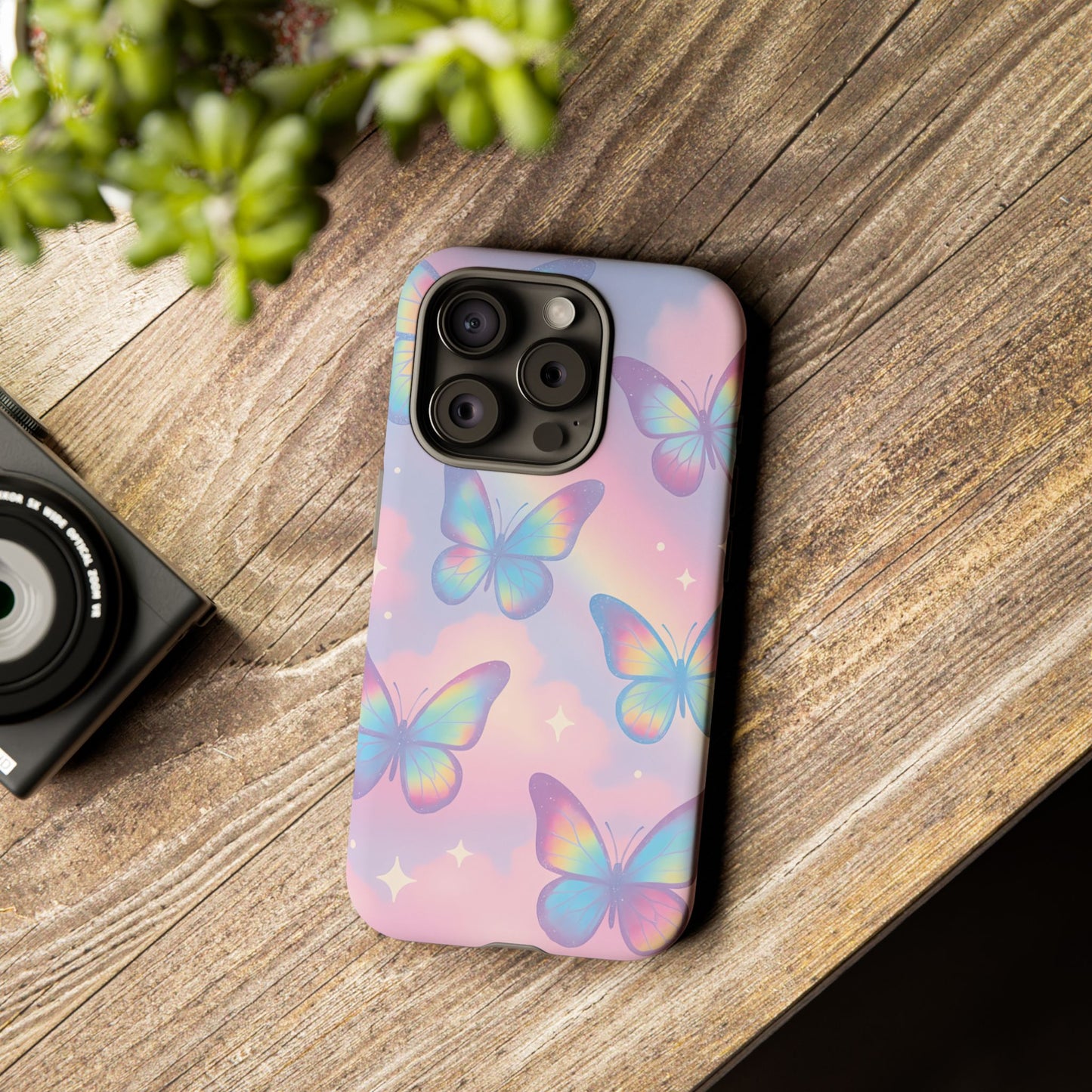 Rainbow Pastel Butterfly Phone Case – Dreamy Clouds & Iridescent Glow