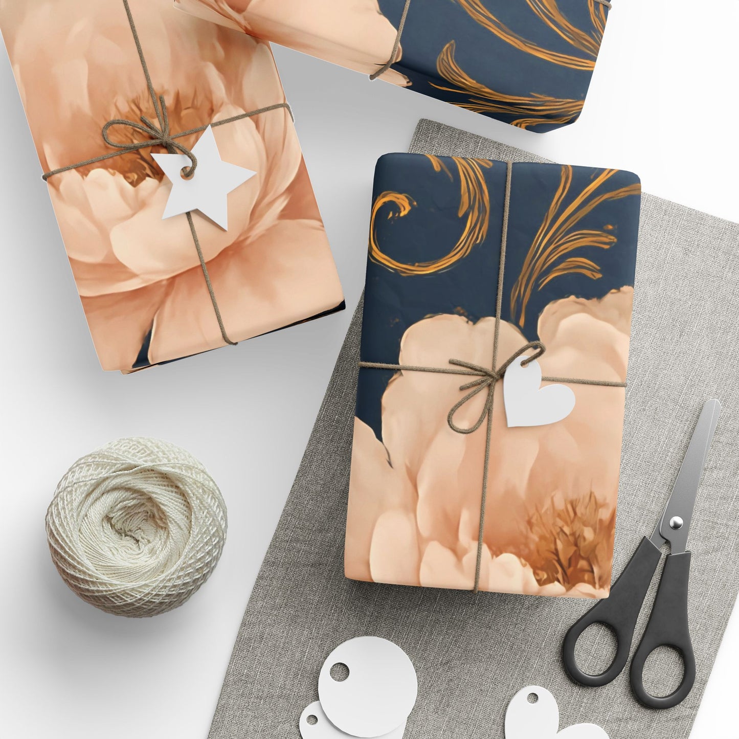 Blush Peony & Gold Scroll Wrapping Paper – Elegant Floral Gift Wrap in Glossy or Matte Finish