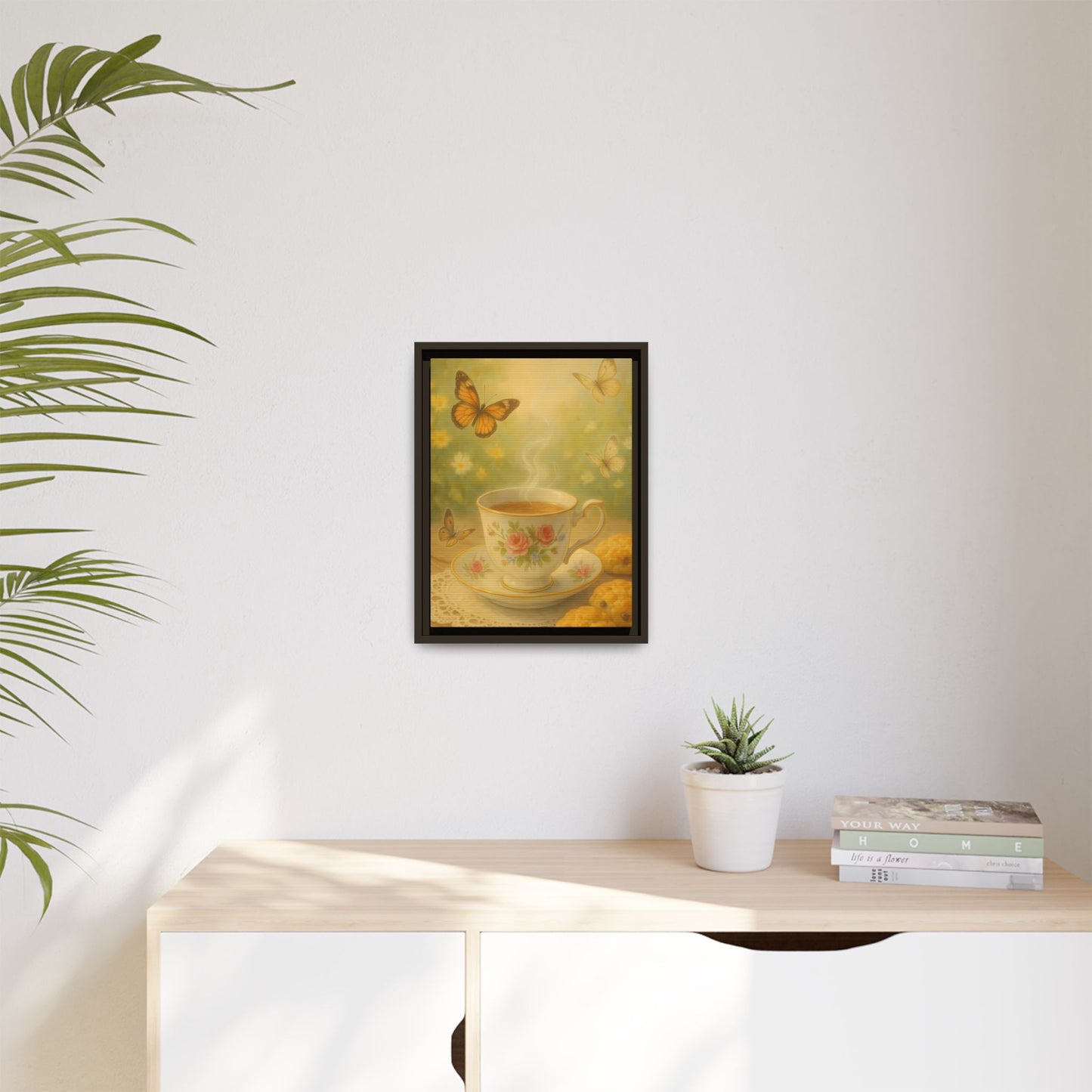 Tea & Butterflies – Framed Matte Canvas of Vintage Teacup and Garden Scene