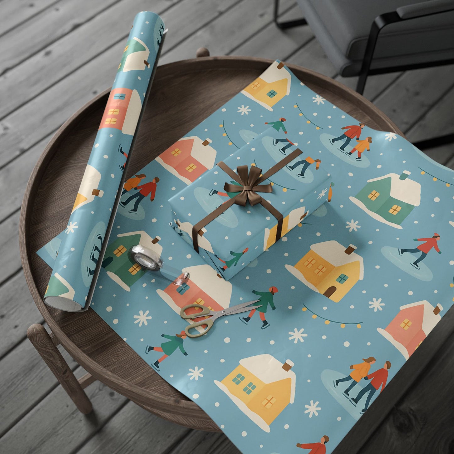 Pastel Winter Village Wrapping Paper with Ice Skaters – Holiday Gift Wrap in Matte or Glossy