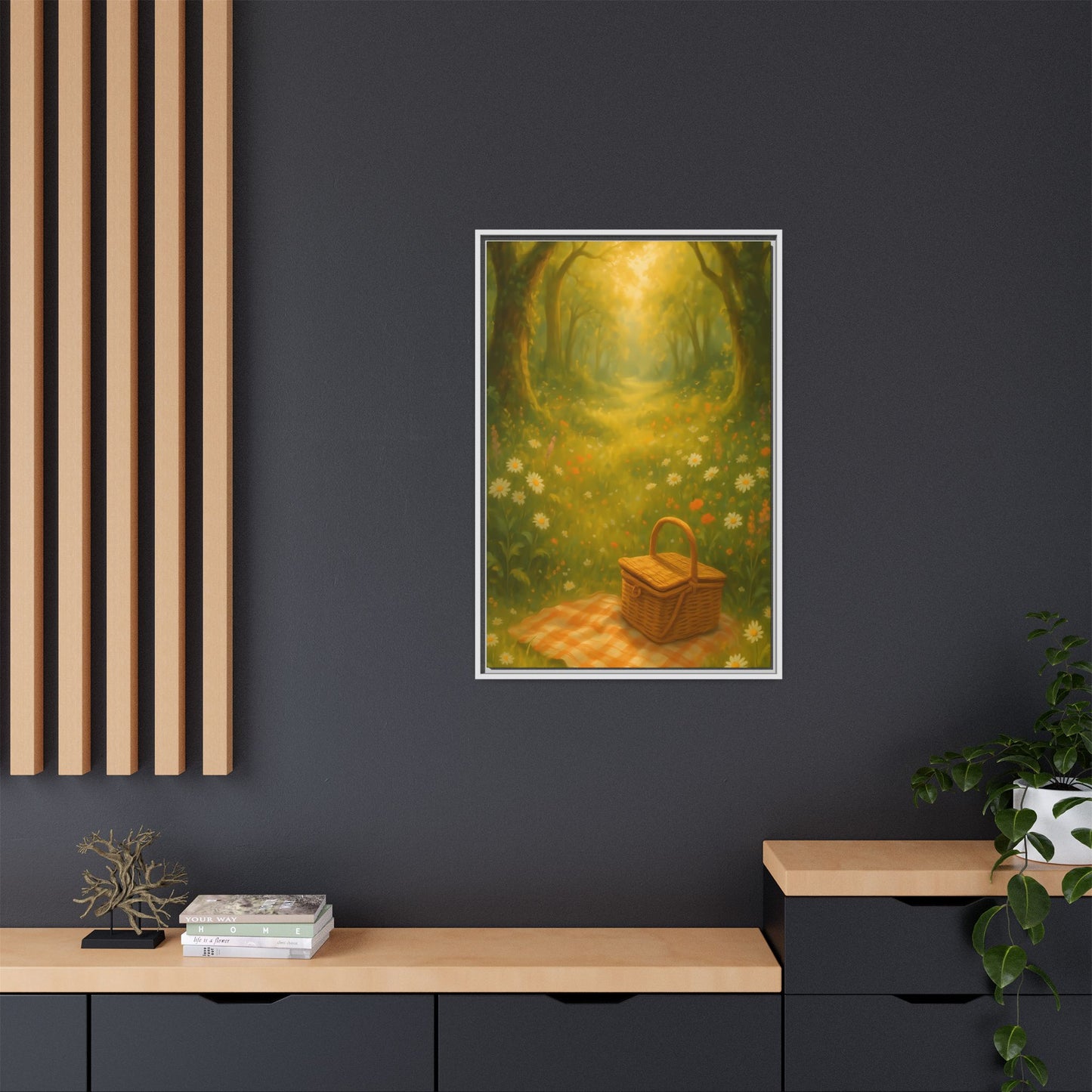 Golden Meadow Picnic Path – Framed Matte Canvas Wall Art