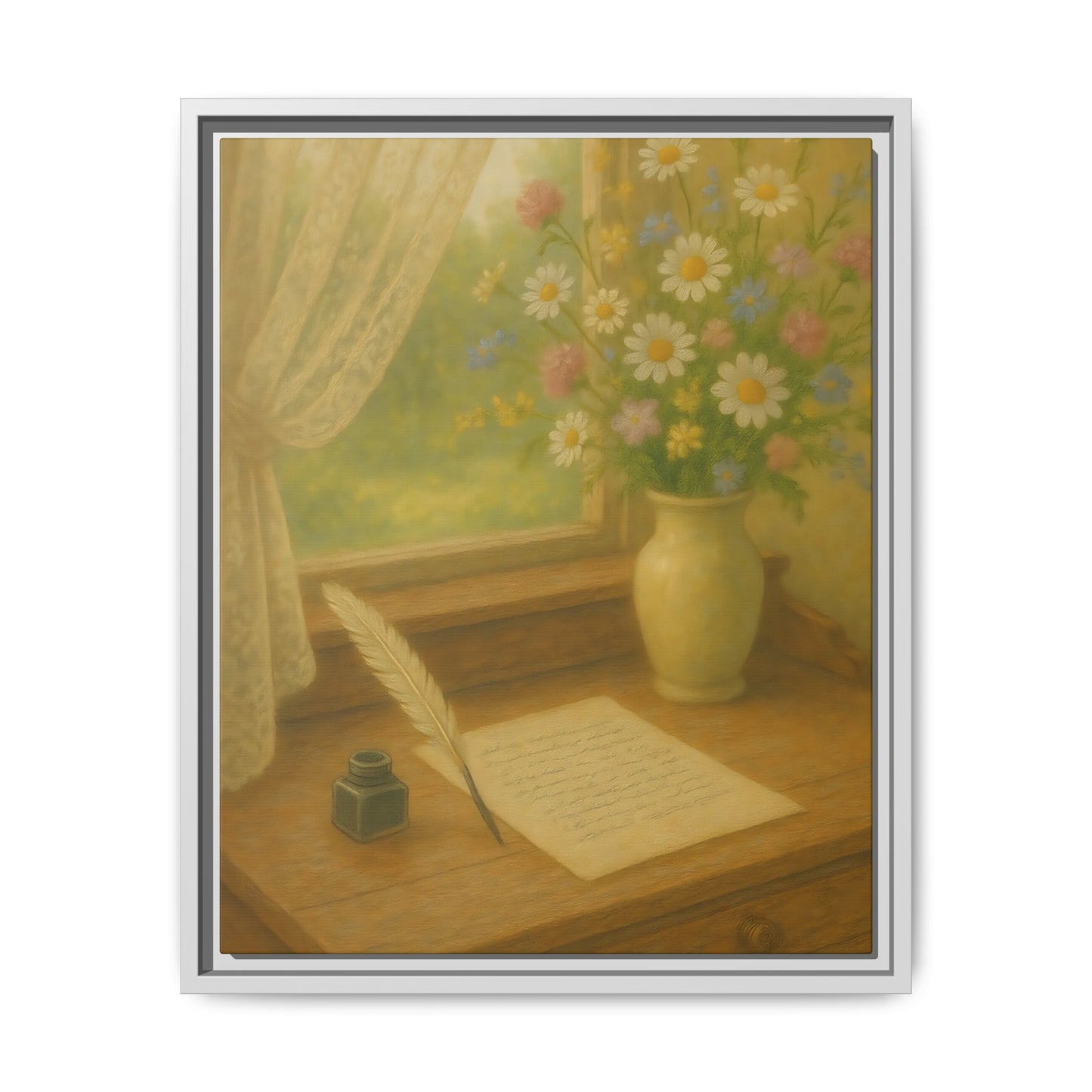 Sunlit Writing Desk – Framed Matte Canvas Art of Quill, Flowers & Lace Window