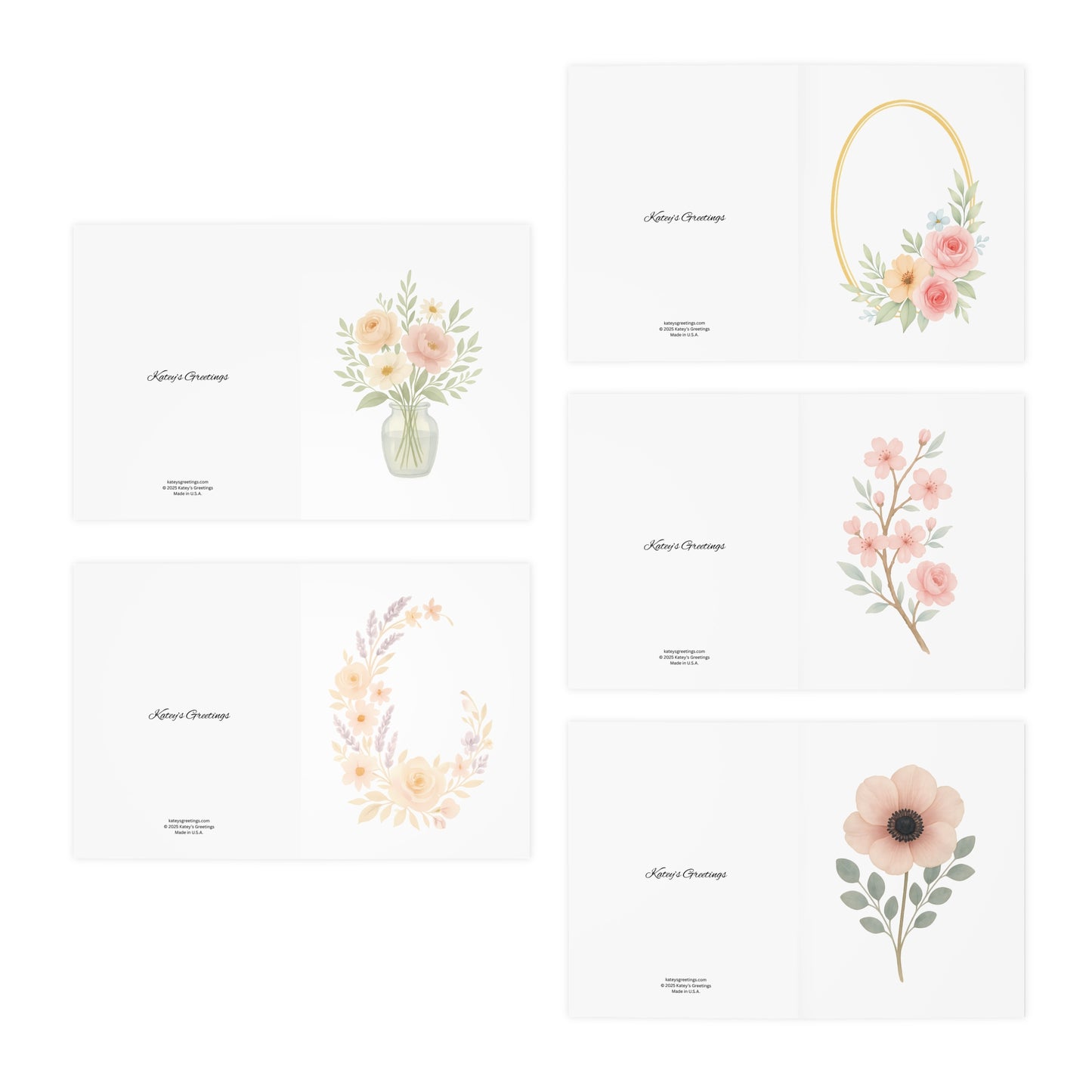Blush Floral Greeting Card Set – 5 Blank Note Cards with Envelopes, Watercolor Flower Designs