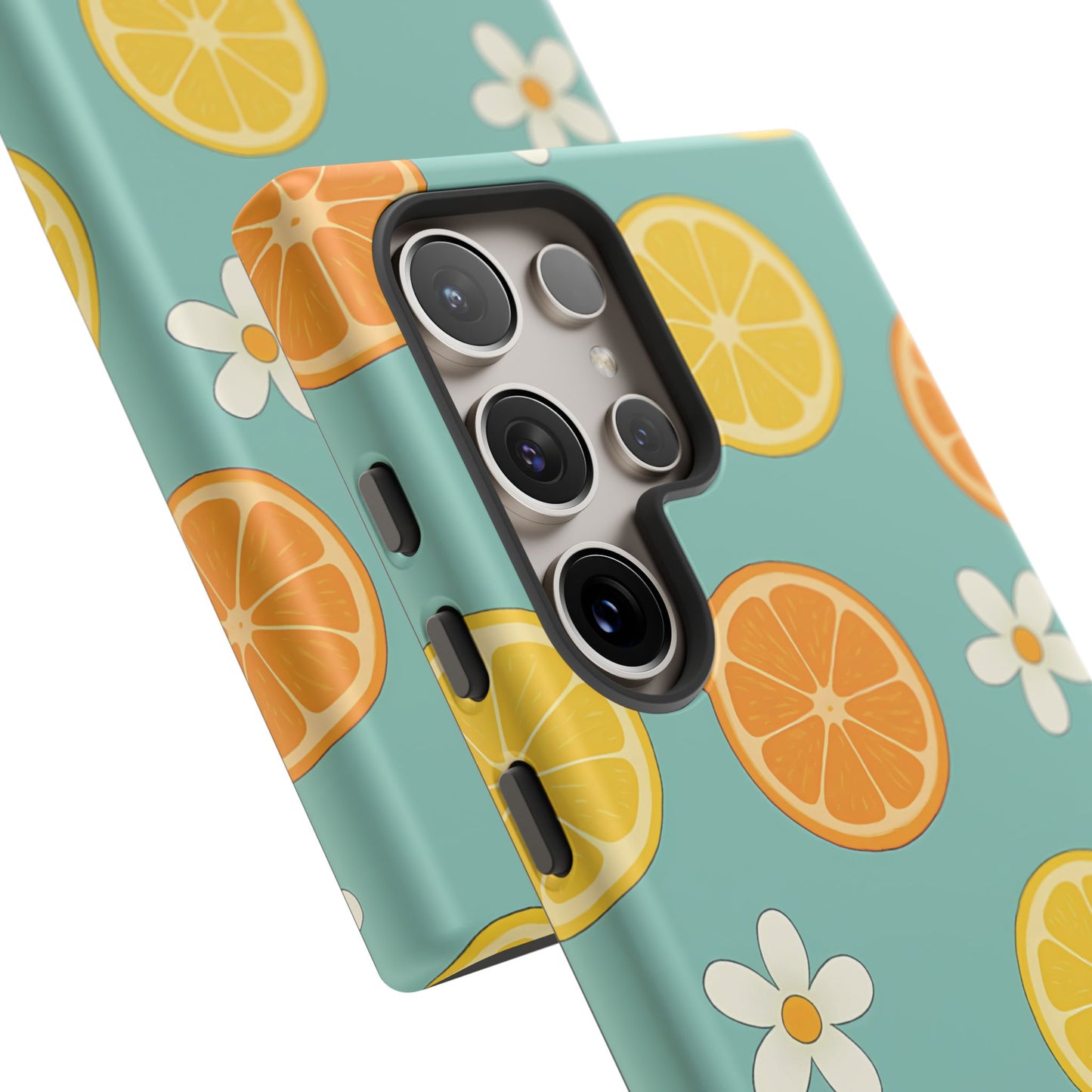 Citrus Bloom Phone Case – Orange, Lemon & Daisy Pattern on Teal