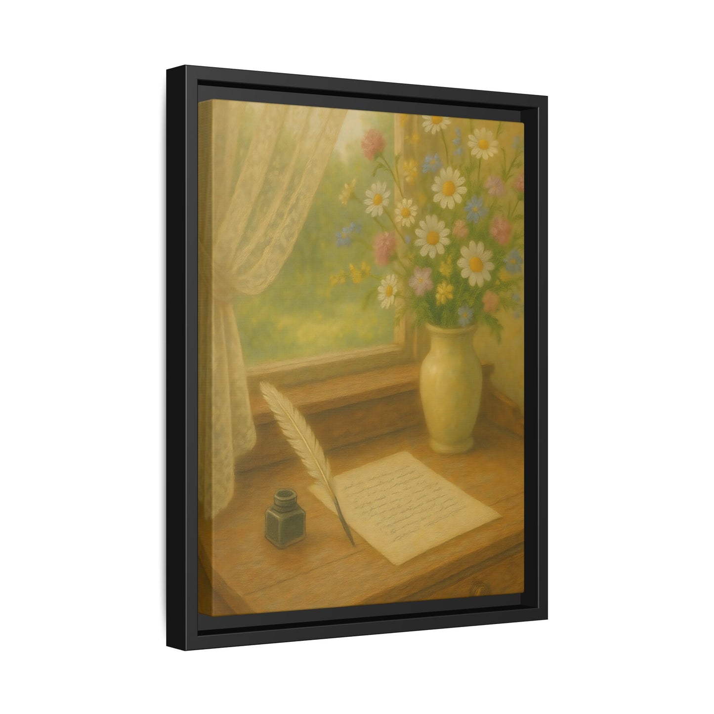 Sunlit Writing Desk – Framed Matte Canvas Art of Quill, Flowers & Lace Window