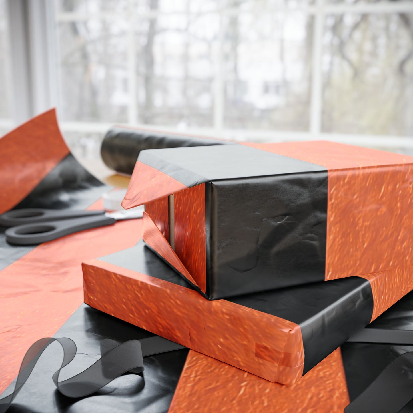 Black and Orange Striped Luxury Wrapping Paper – Glossy or Matte Finish, Durable 90gsm