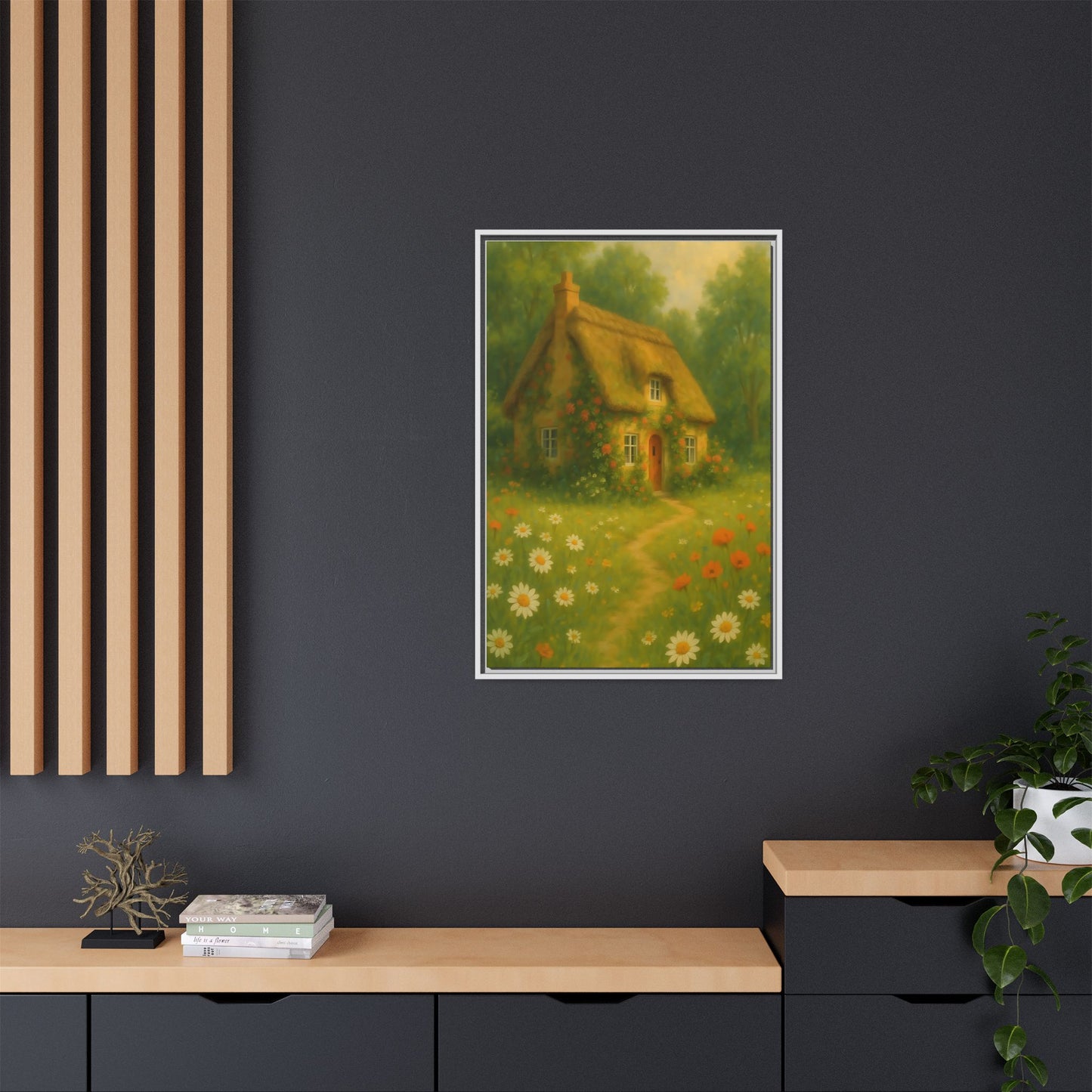 Cottage in Bloom – Framed Matte Canvas Art of Thatched Cottage & Wildflowers