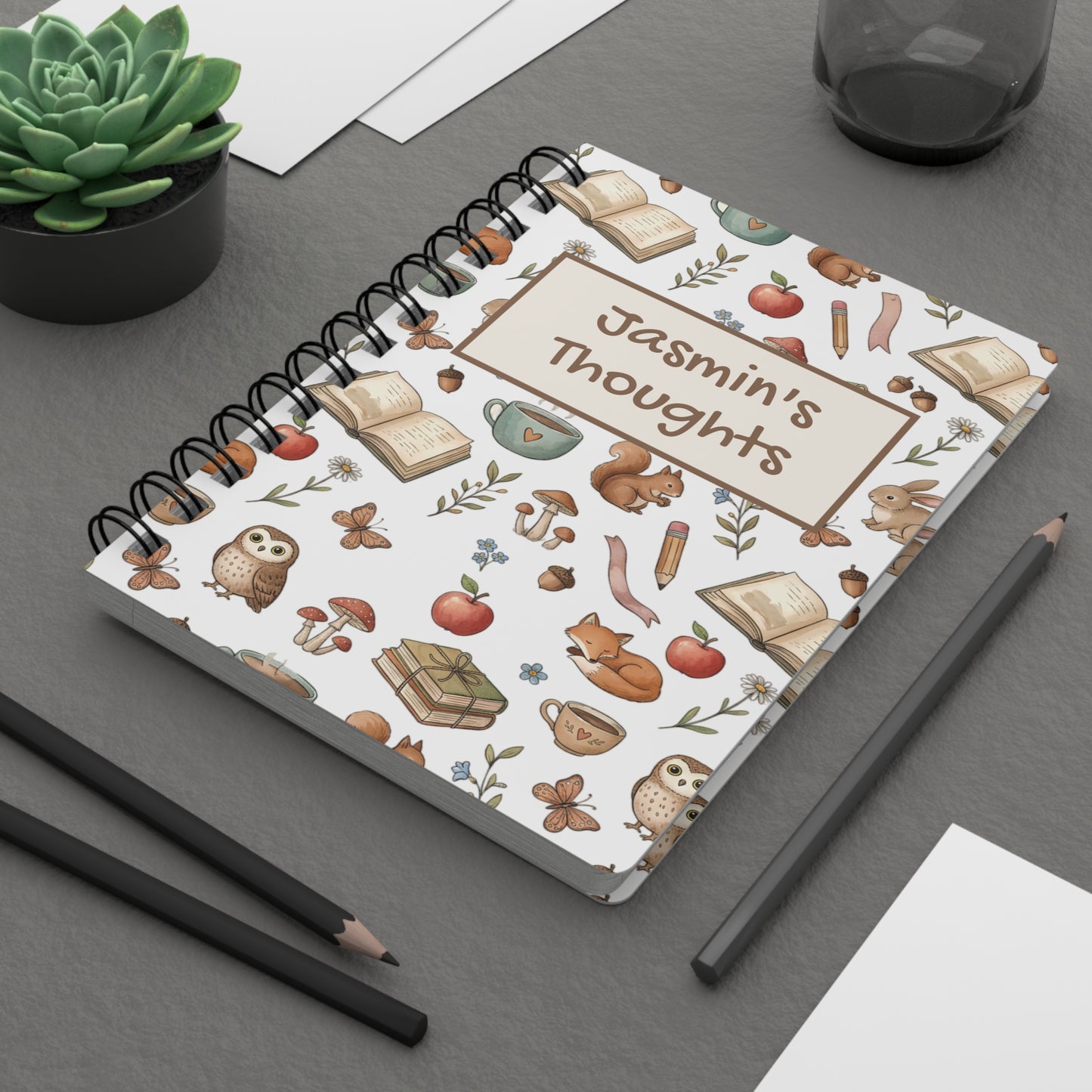 Personalized Woodland Reading Journal — "Jasmin's Thoughts" Spiral Notebook