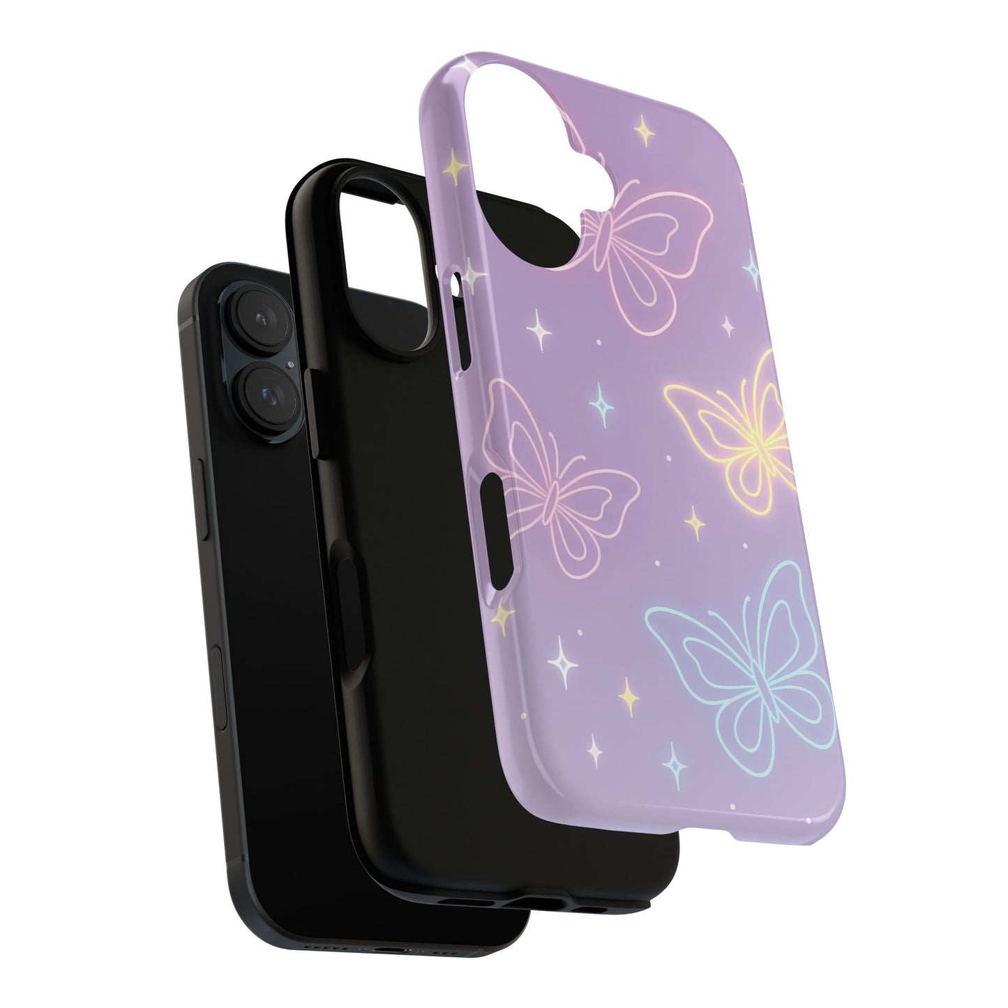 Pastel Butterfly Dream Phone Case – Purple Neon Glow with Stars