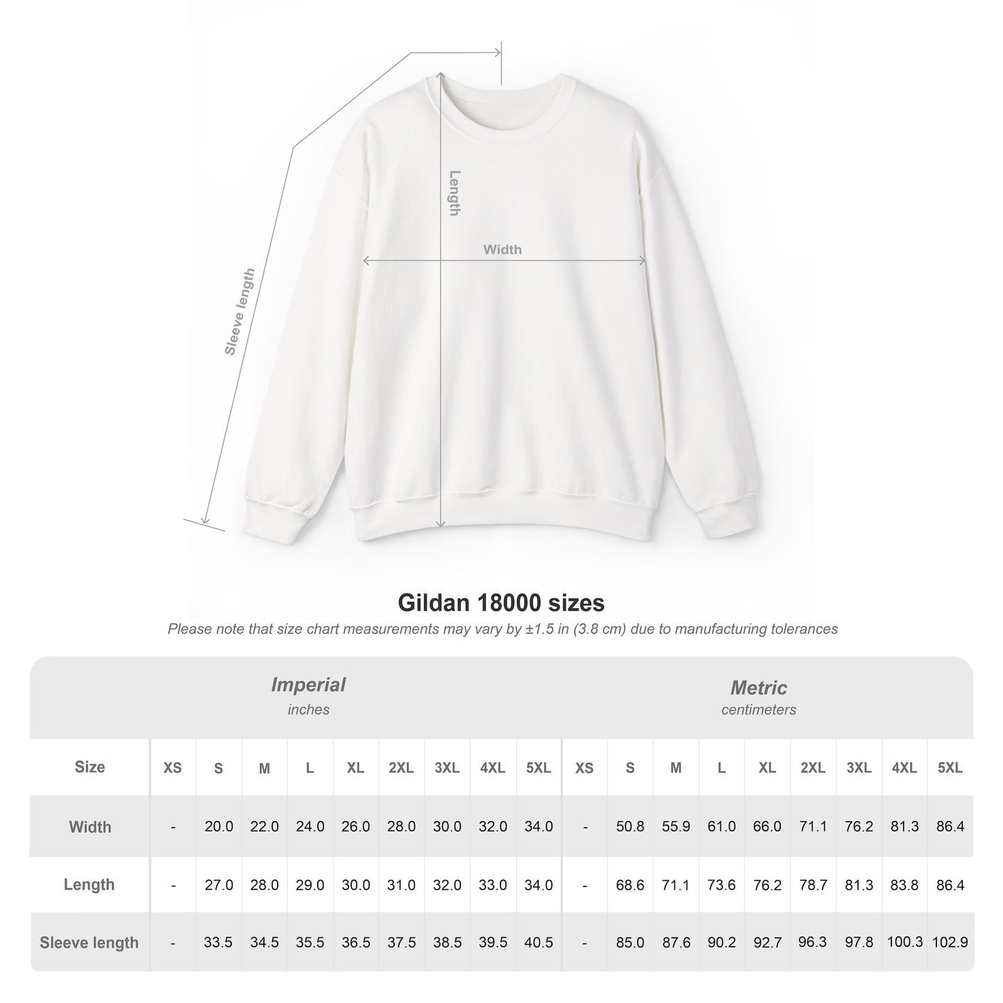 A size chart for a crewneck sweatshirt with markings on how to measure it.