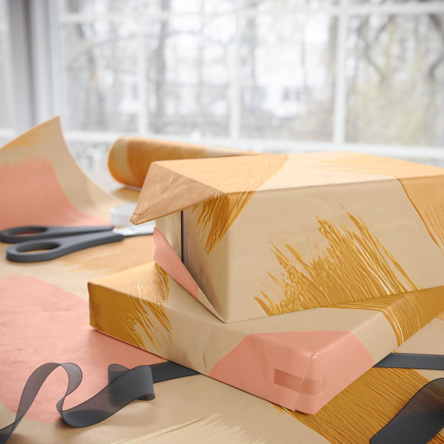Golden Blush Brushstroke Wrapping Paper – Luxurious Abstract Gift Wrap