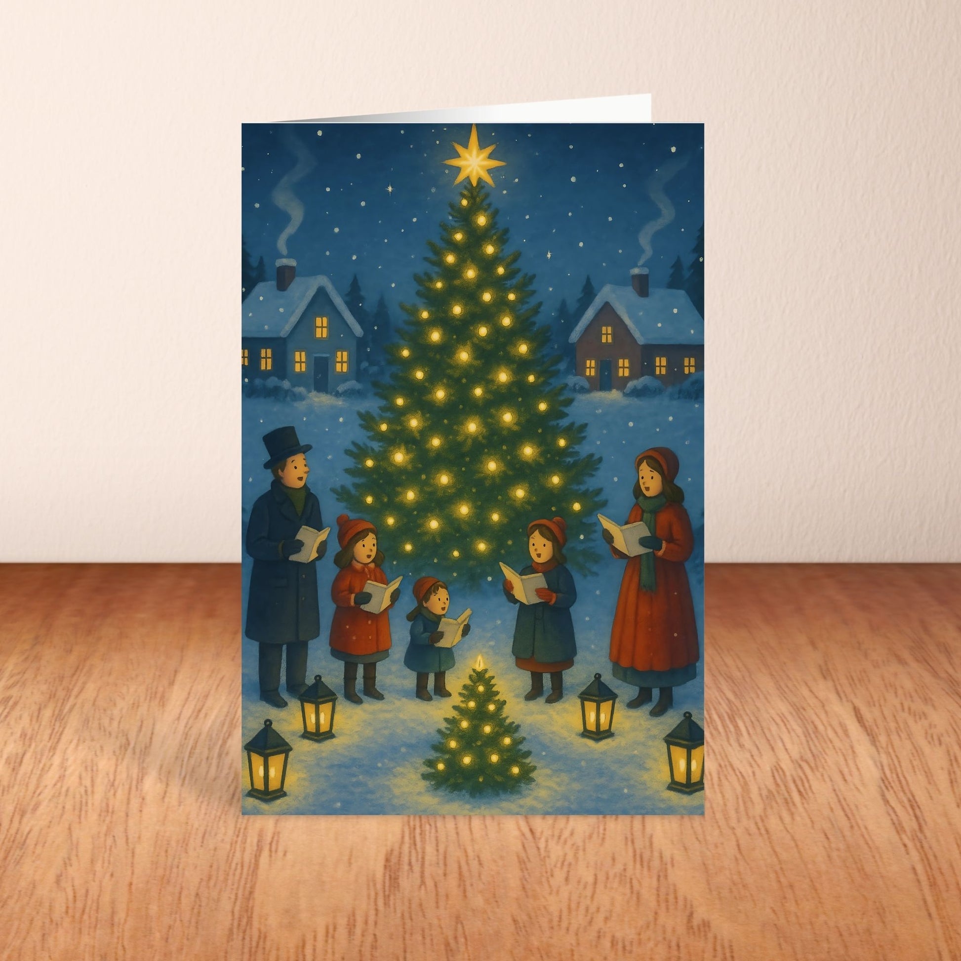 Christmas card with a snowy village scene, people singing carols around a tree.