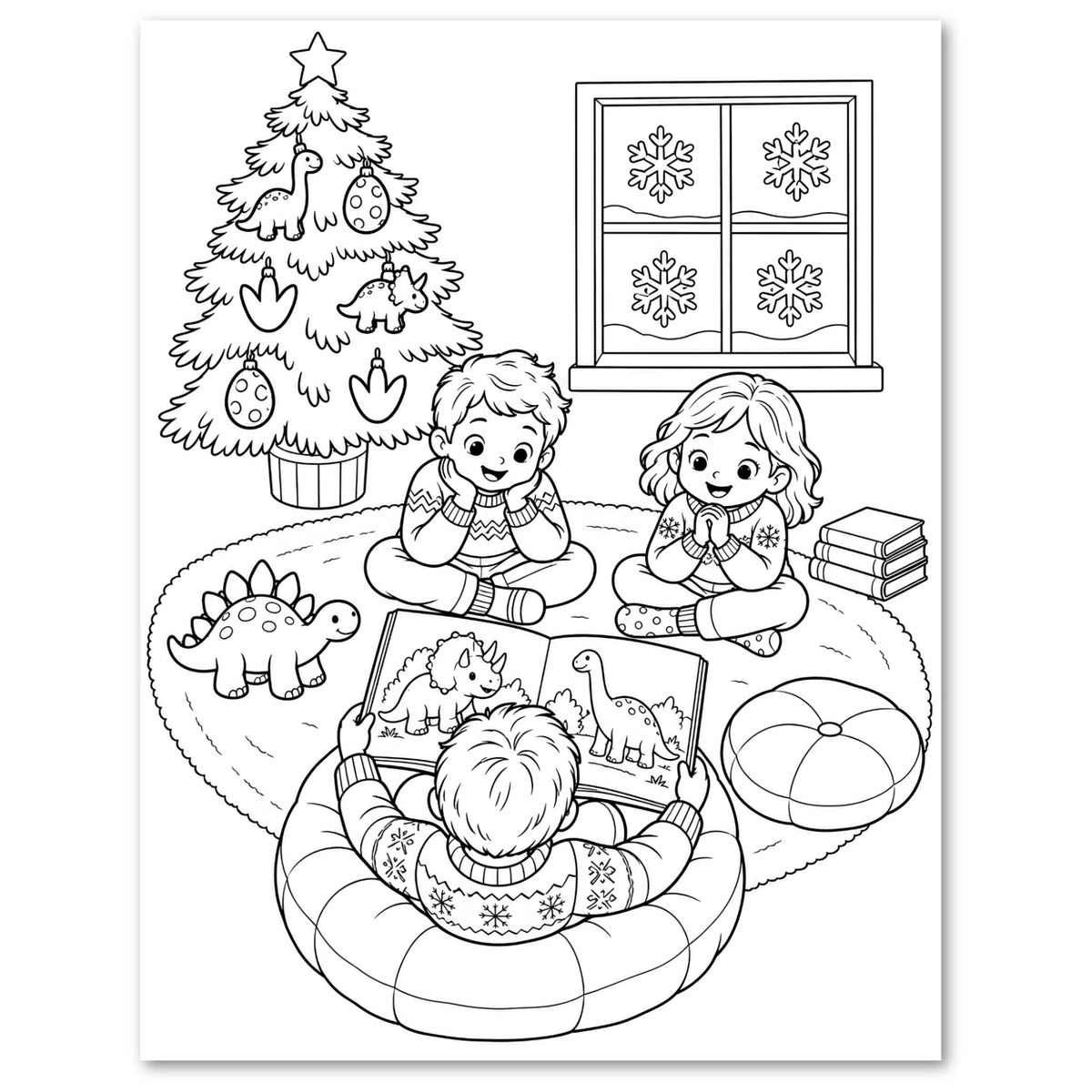 Black and white line art coloring page featuring a cozy family scene with three children reading and playing with dinosaurs in a living room, complete with a decorated Christmas tree, snowflake window, and plush rug.