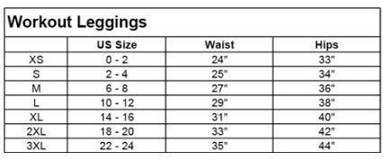 Active Jersey Mesh Striped 3-Pocket Leggings Size Chart