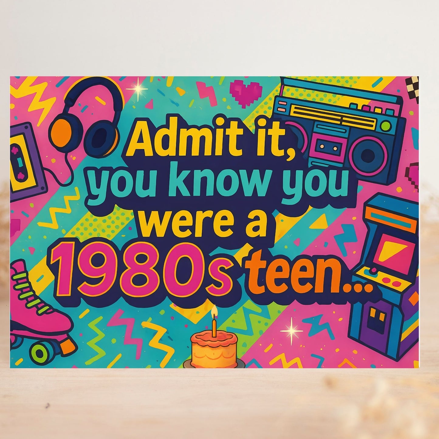 Colorful poster with retro design elements and text about being a 1980s teen.