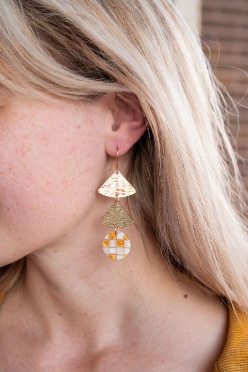 Anya - Golden Checker Earrings on Model