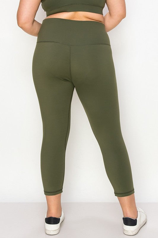Army Green Buttery Soft Capri Activewear  Leggings Plus Back view on Model